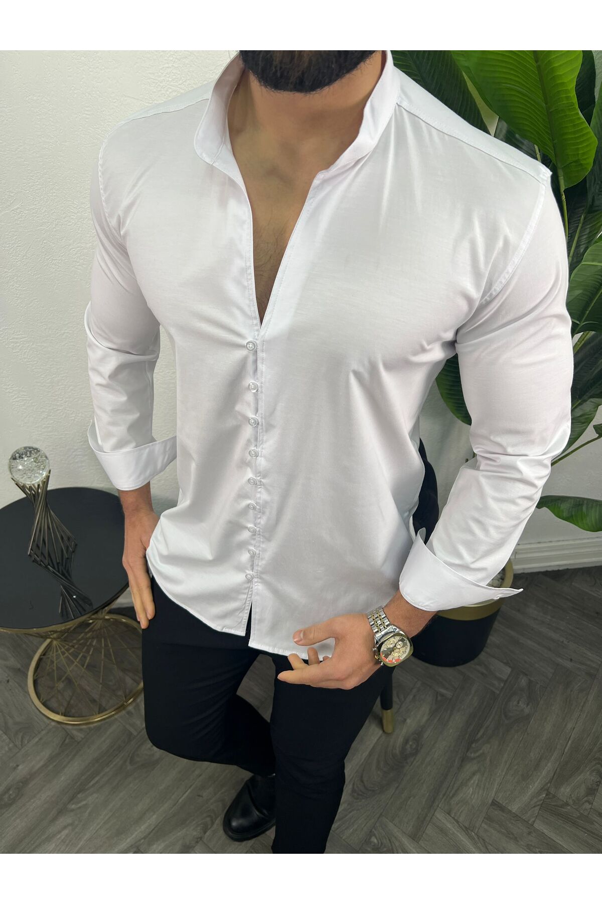 Erkek Slim Fit Hakim Yaka Likralı Gömlek | Modern Kesim — سفید BAYIM LİKRALI MODERN KESİM