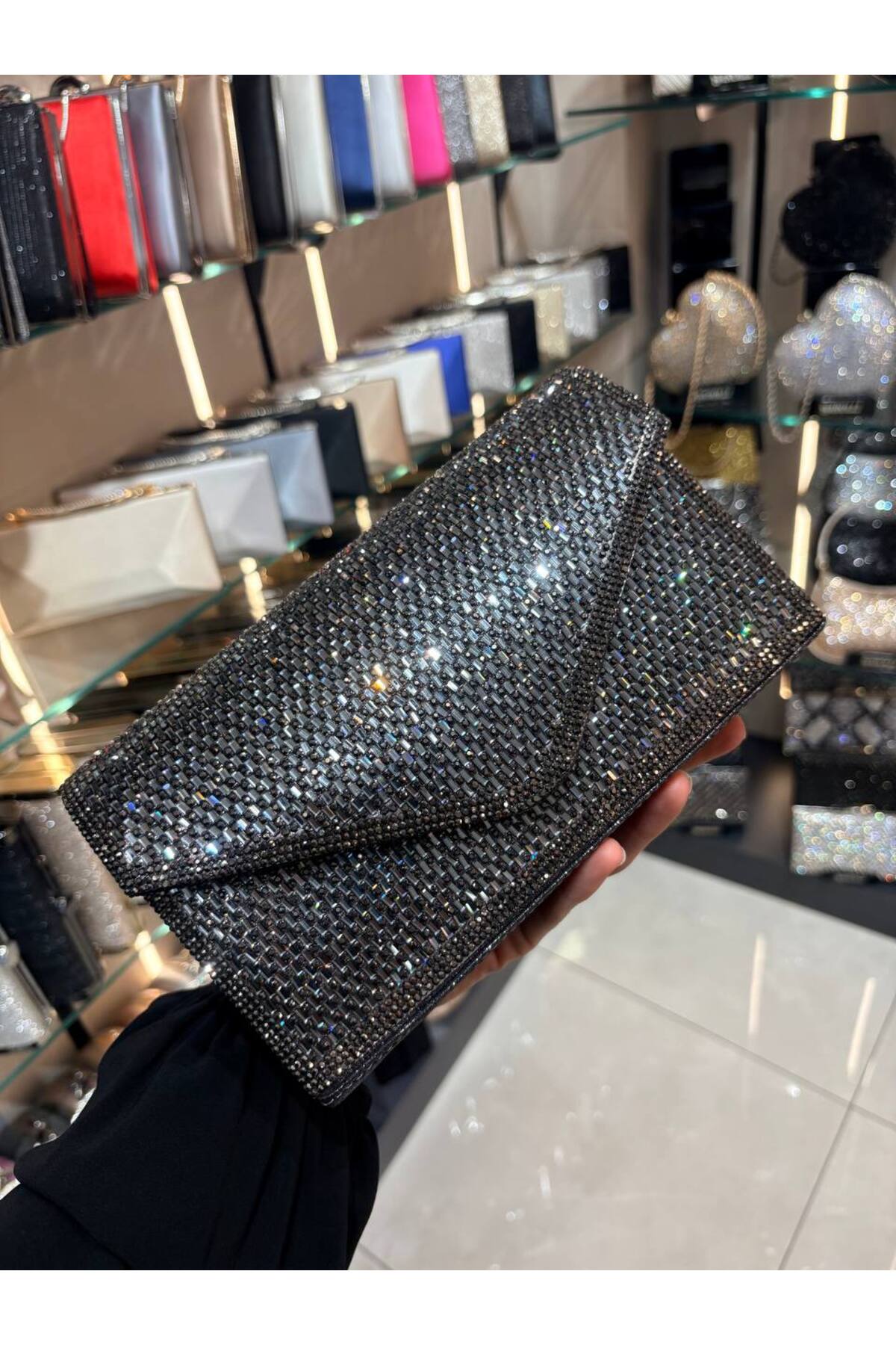 Women's Long Chain Strap Evening Bag with Shiny Gemstone