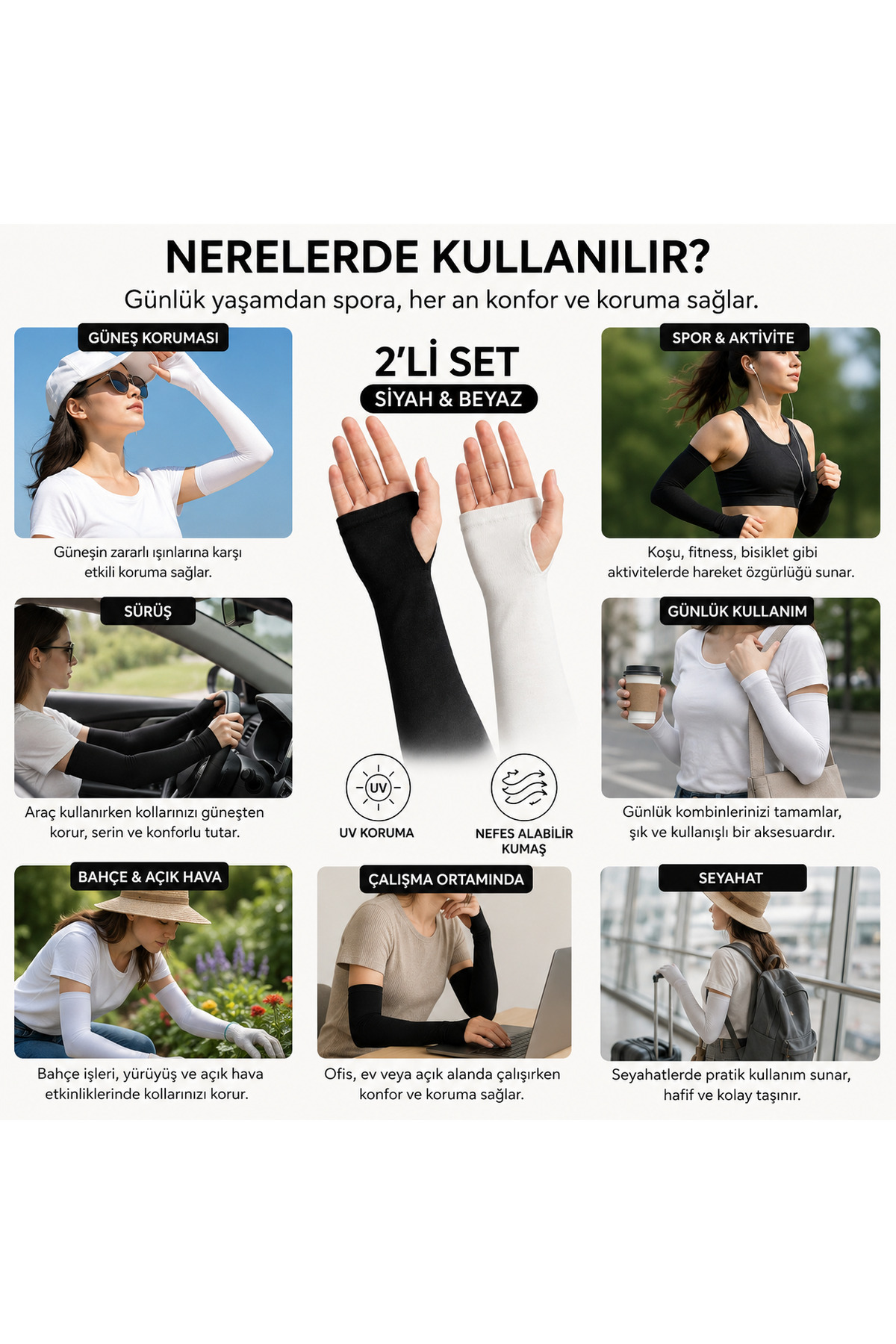 myDea 2’li Parmak Geçmeli Kolluk Kol Uzatıcı - Esnek, Terletmeyen Tesettür & Spor Kullanım Paket İçeriği Çift Siyah / Beyaz Kolluk görsel 2