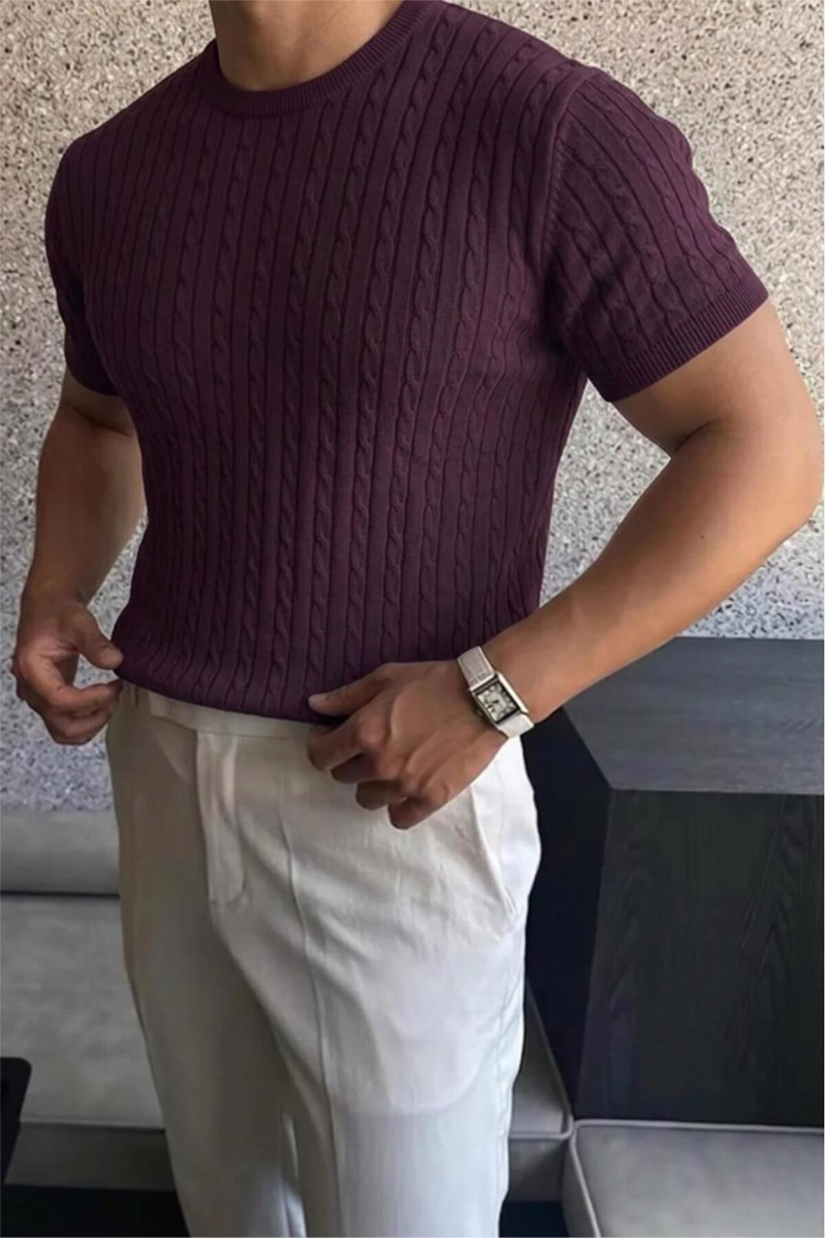 Kelly Luxury Series Men's Slim Fit Knit Pattern Crew Neck Short Sleeve Knitwear T-Shirt