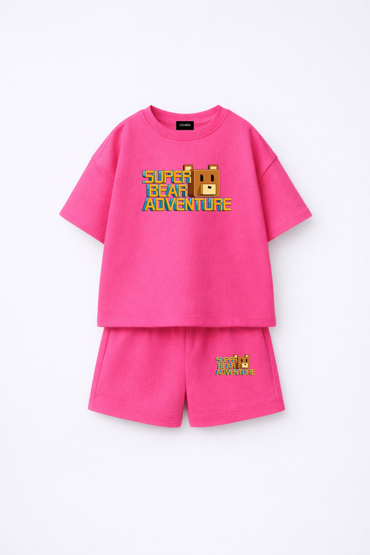 Super Bear Adventure Super Bear Printed Oversize 100% Cotton T-Shirt Shorts 2pcs Kids Set
