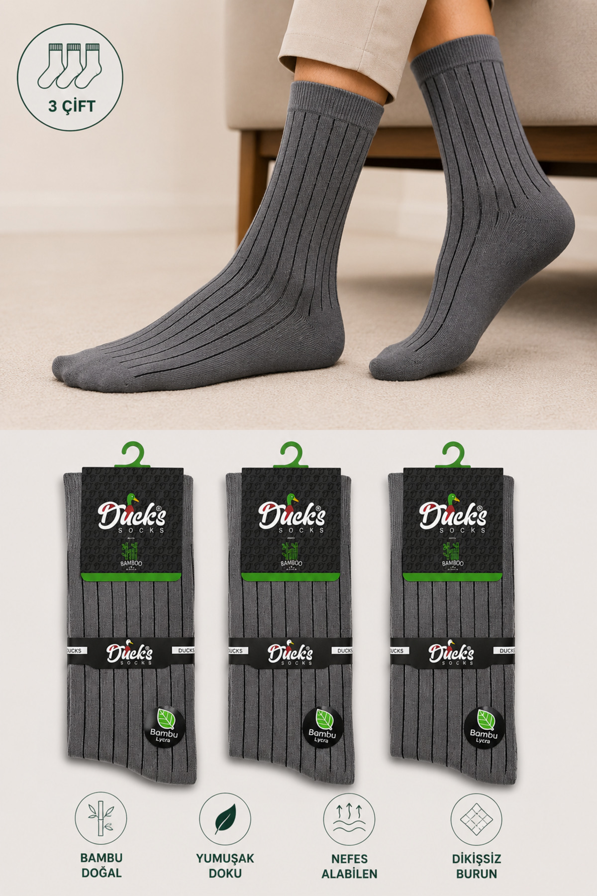 Erkek Bambu Dikişsiz Soket Çorap 3'lü Yıkamalı Uzun Konç Çizgili Erkek Çorap Gri