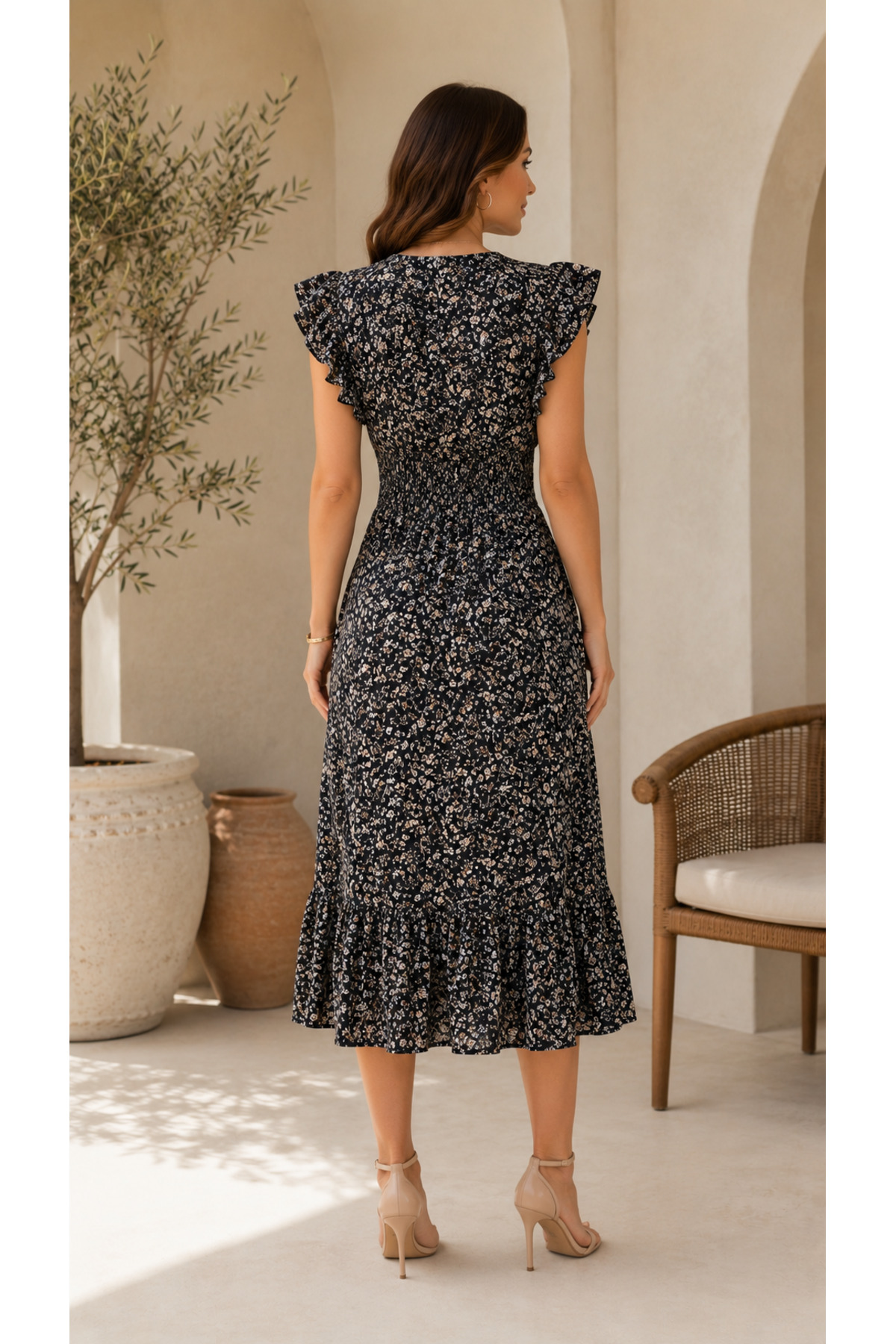 Kokosh moda  Kadın Beli Lastikli Çiçek Desenli Yazlık Midi Boy Elbise - Görsel 4
