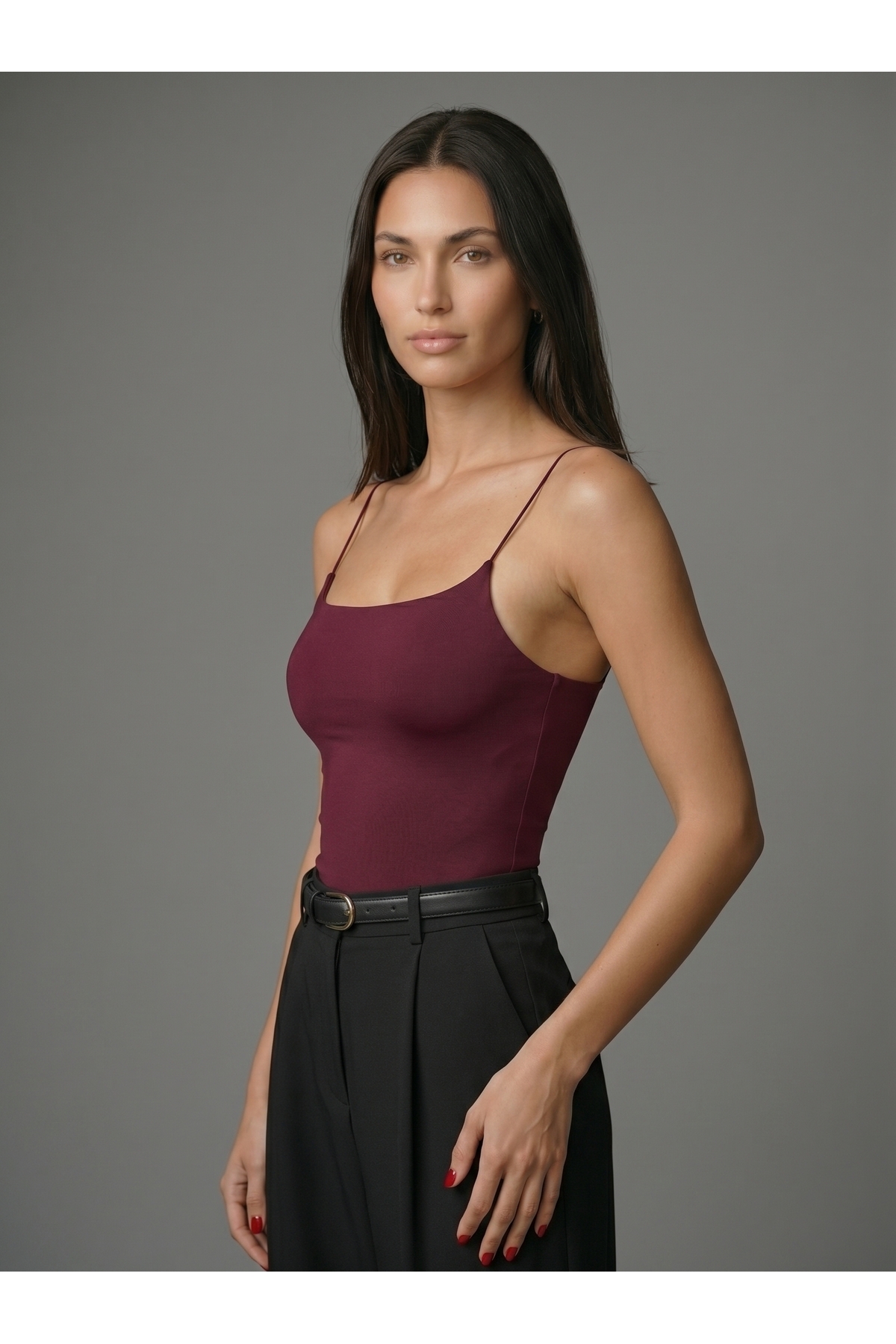 Kadın Bordo İnce Askılı Bodysuit Çıtçıtlı Slim Fit Likralı Basic Body 2