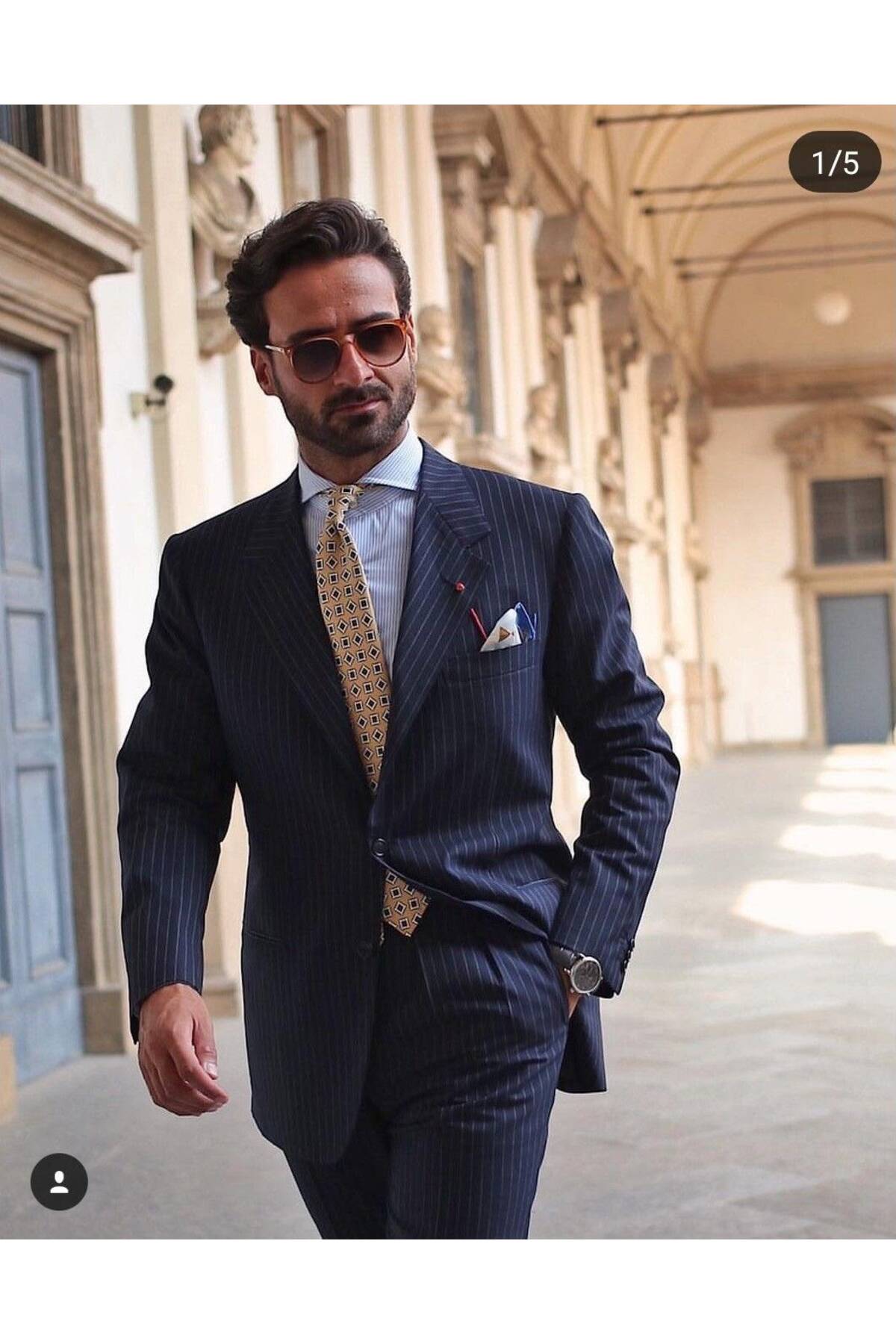 ilayda emir Luxury, Slim Fit, Blazer, Swallow Collar, Striped Men's Suit, Navy Blue