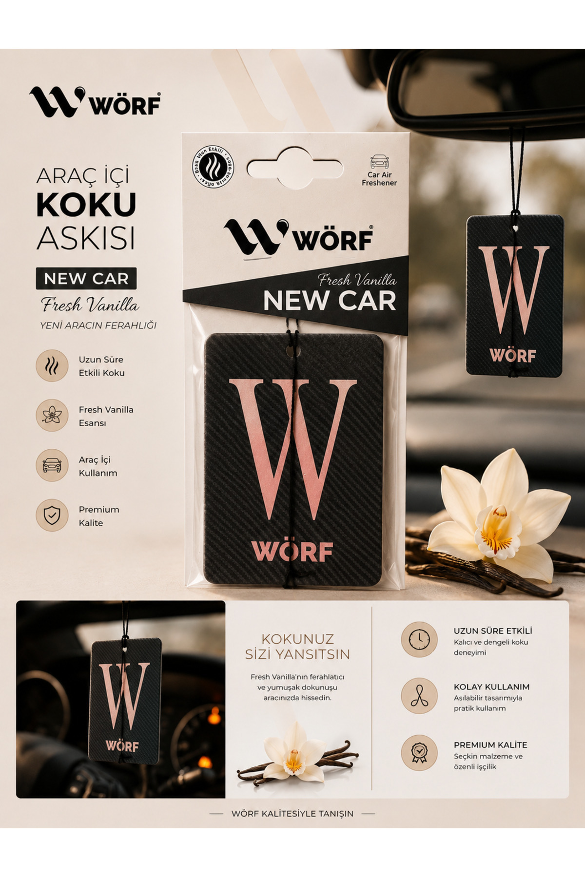 WÖRF New Car Fresh Vanilla Araç İçi Koku Askısı Uzun Süre Kalıcı Oto Kokusu Premium Araç Parfümü