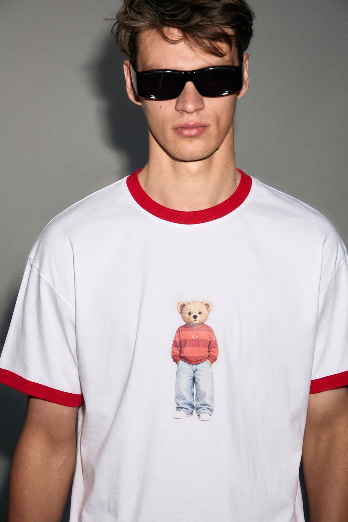 GRIMELANGE BAMSI Erkek %100 Organik Pamuklu Kontrast Yakalı Dünya Kupasına Özel Baskılı Beyaz T-Shirt