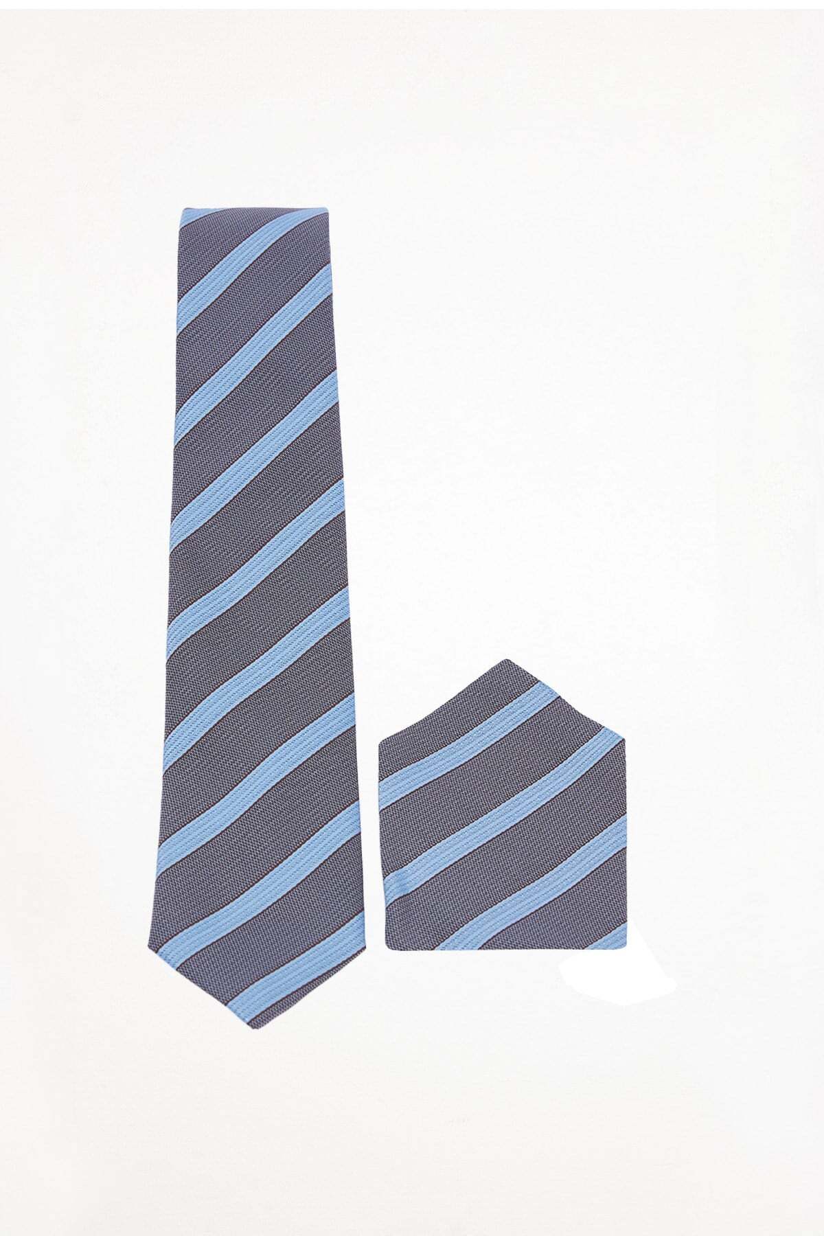 Men's Blue Striped Classic Tie and Pocket Handkerchief Set