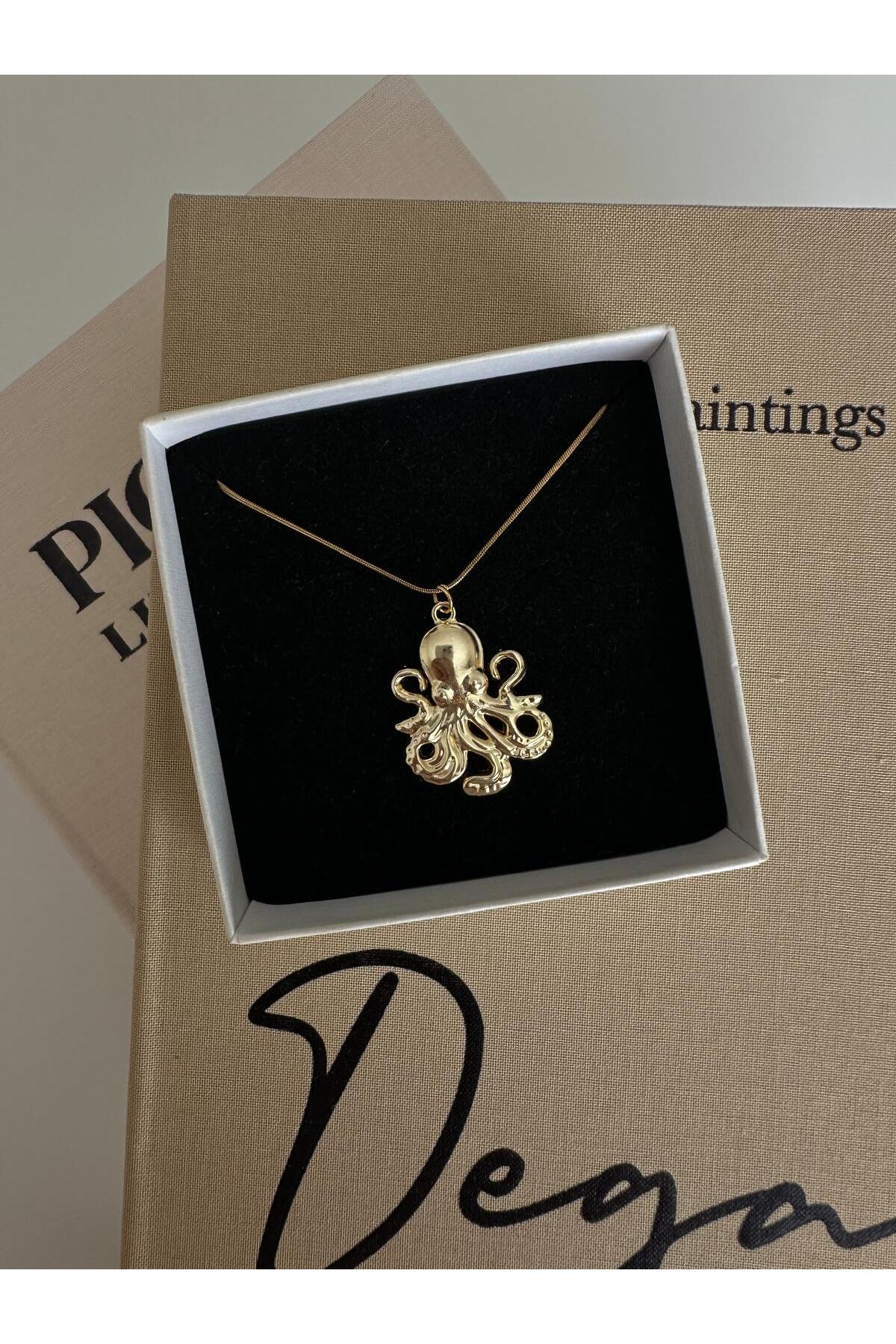 Ahtapot Charm Çelik Zincirli Gold Kadın Kolye (45 Cm) - Detay Görseli 1