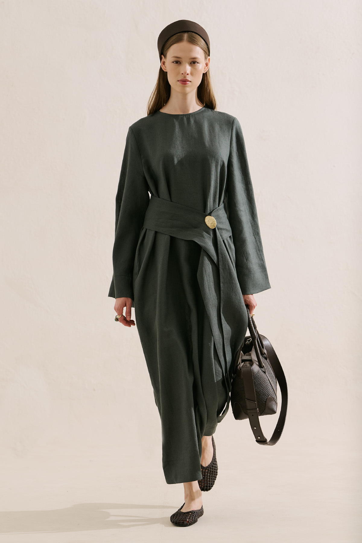 Manuka Linen Dress with Wide Belt Dark Green