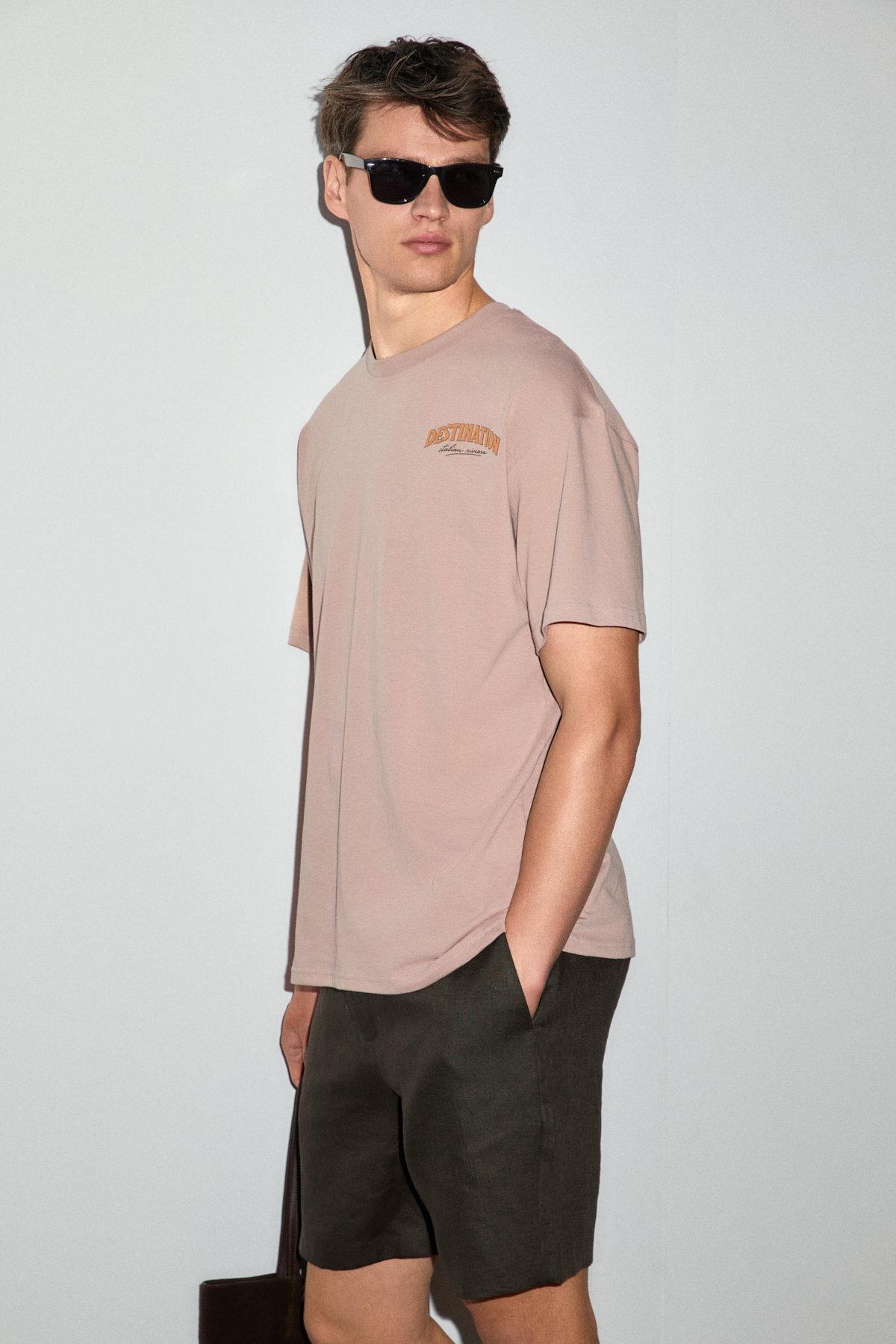 GRIMELANGE ESPADA Erkek %100 Organik Pamuklu Yuvarlak Yakalı Baskı Detaylı Pudra T-Shirt görsel 5