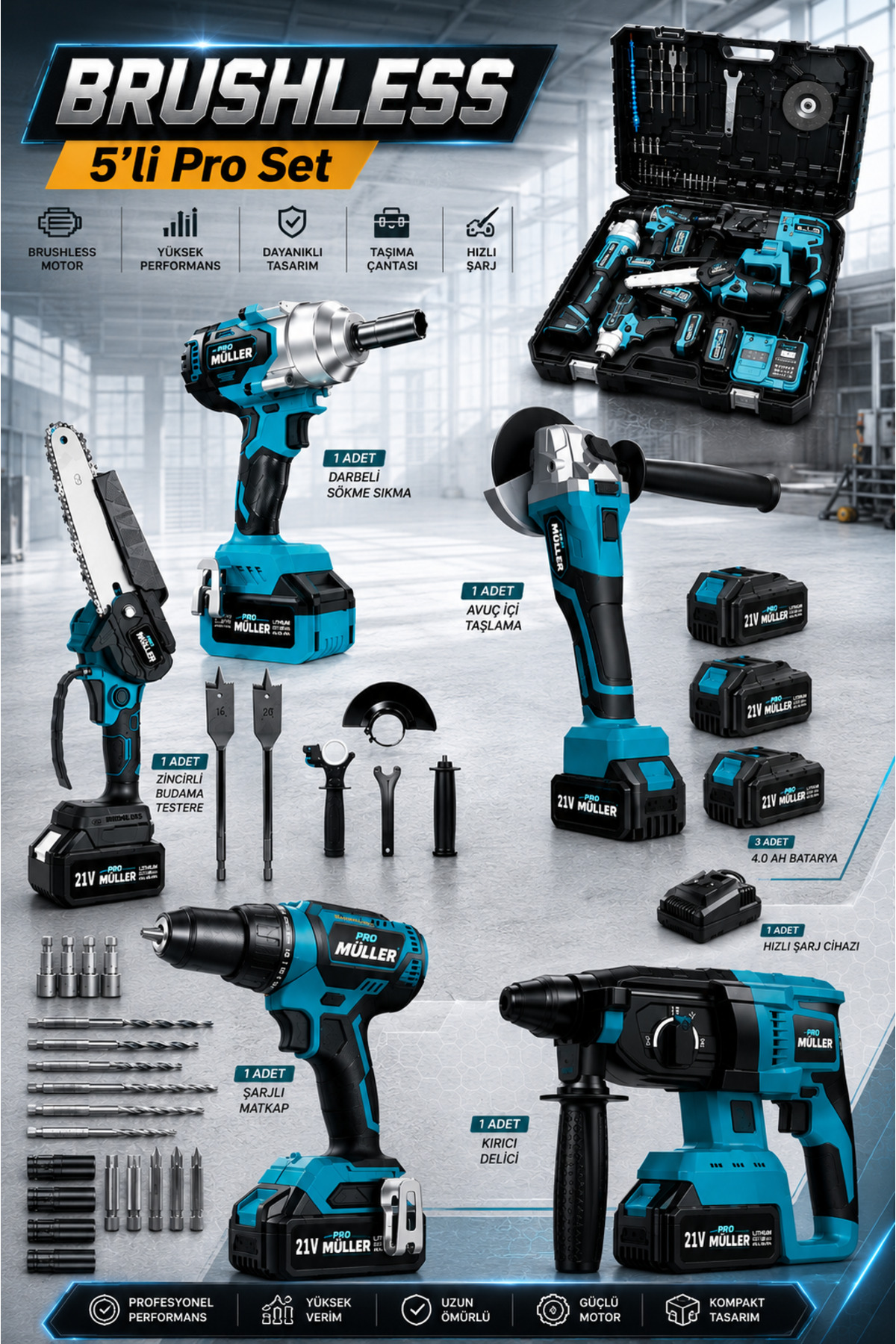 Mueller·PRO サポーター 9点まとめ売り Pro Müller Alman Pro Seri Kömürsüz 5'li Set Kırıcı Delici-Darbeli