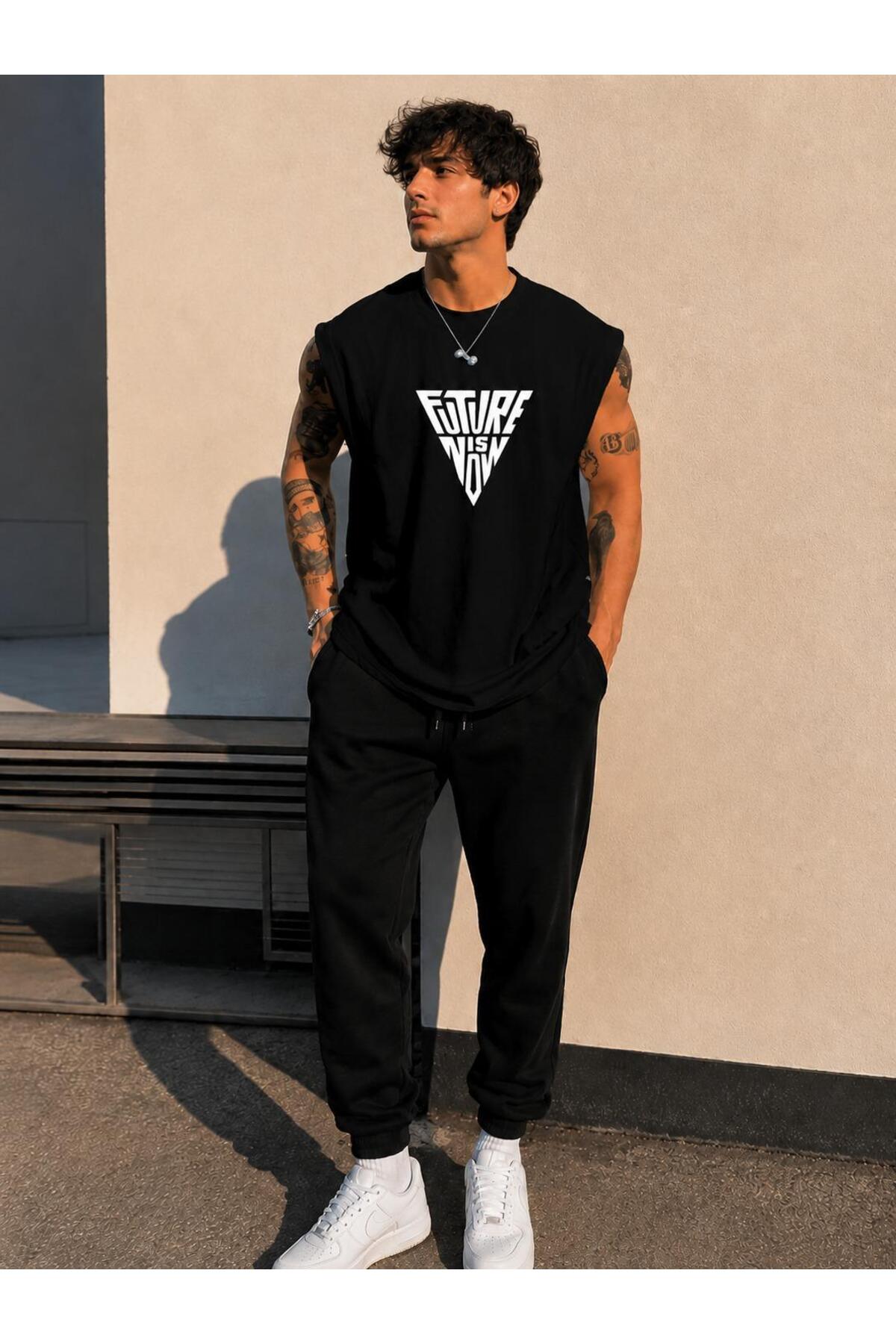 TREND EMMODA Men's Triangle Future Written Zero Sleeve Round Neck Black T-Shirt / Tshirt