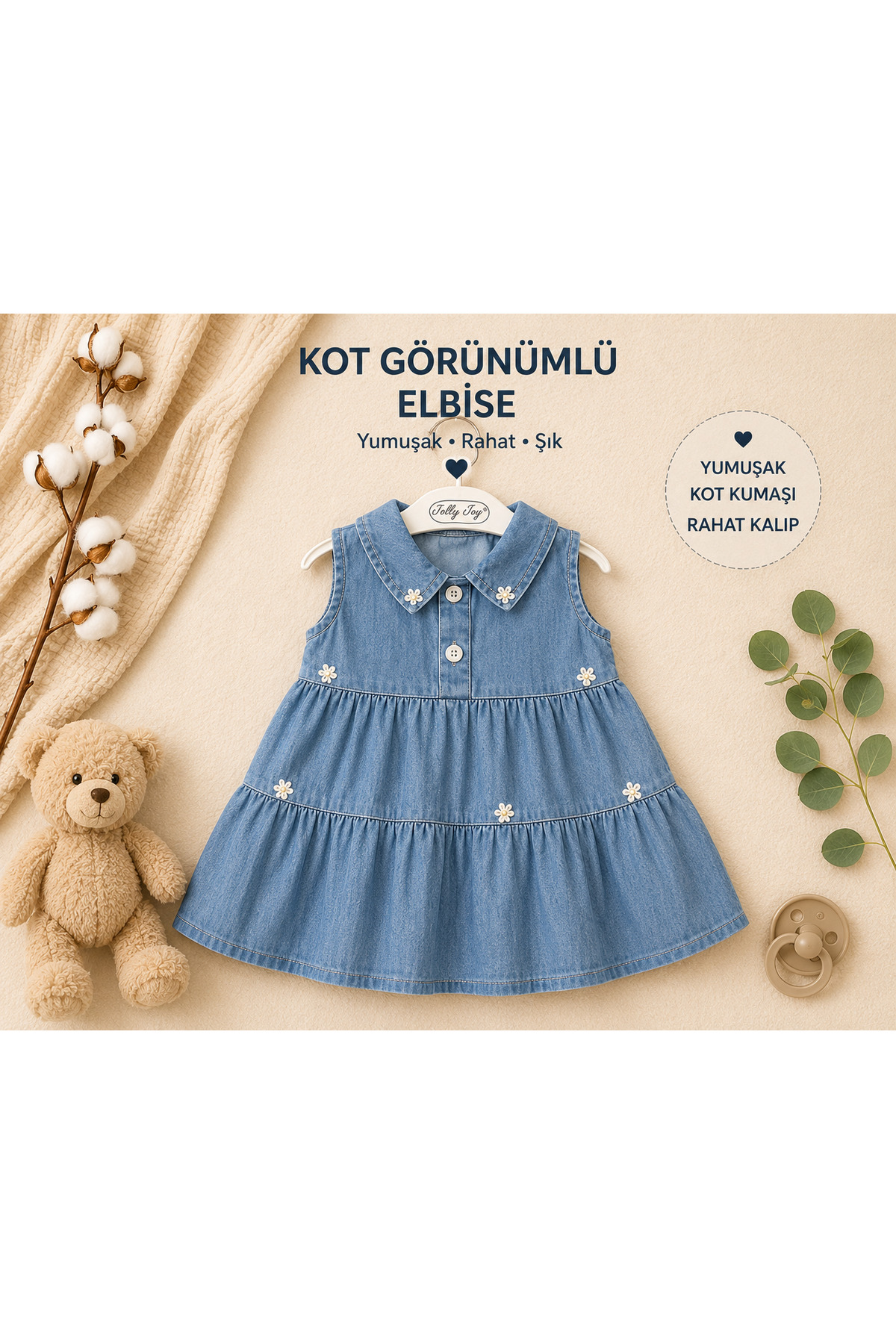 Kız Bebek Papatya İşlemeli Kot Elbise