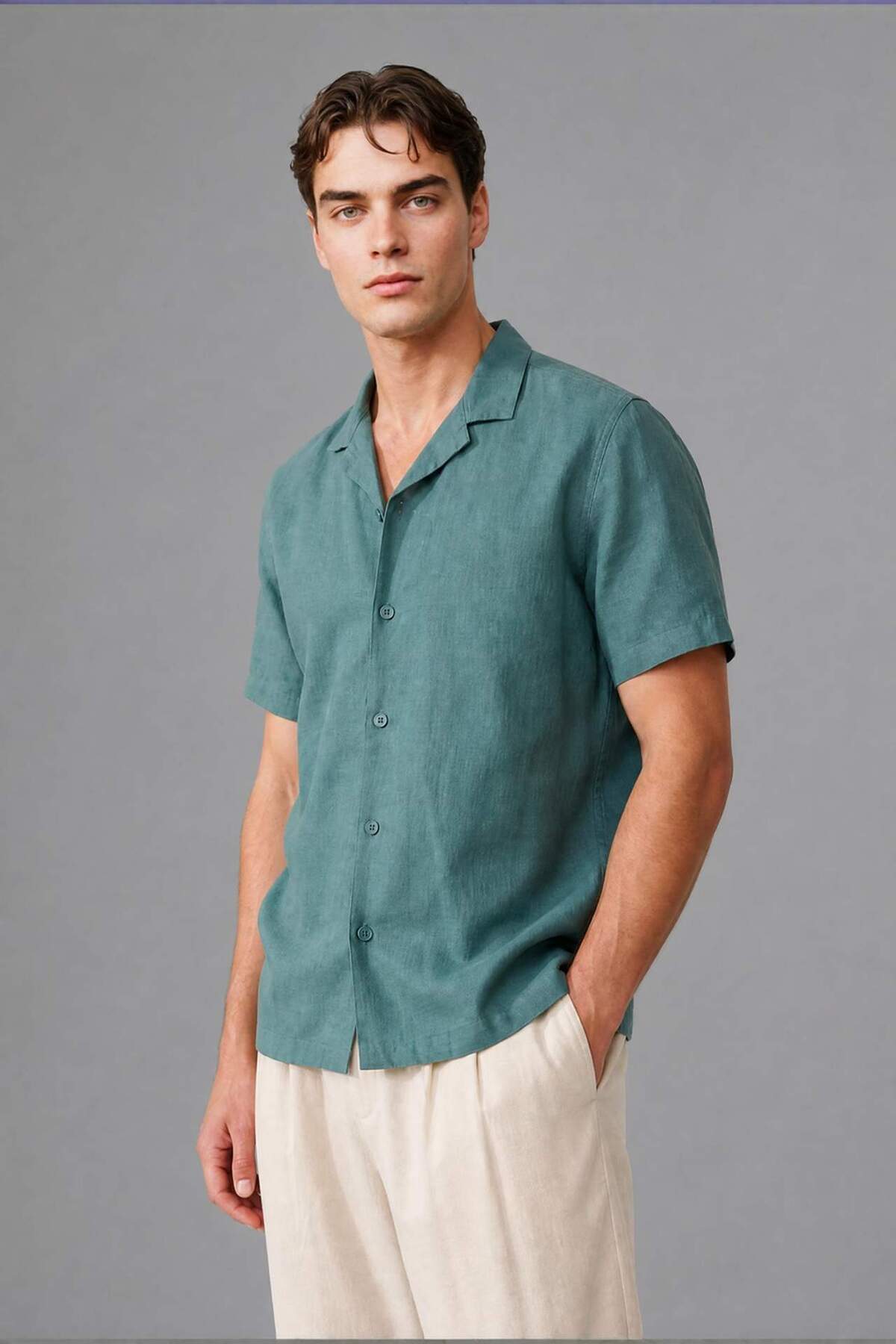 Defacto Regular Fit Polo Collar Linen Blend Short Sleeve Green Shirt I0292Ax26Hs