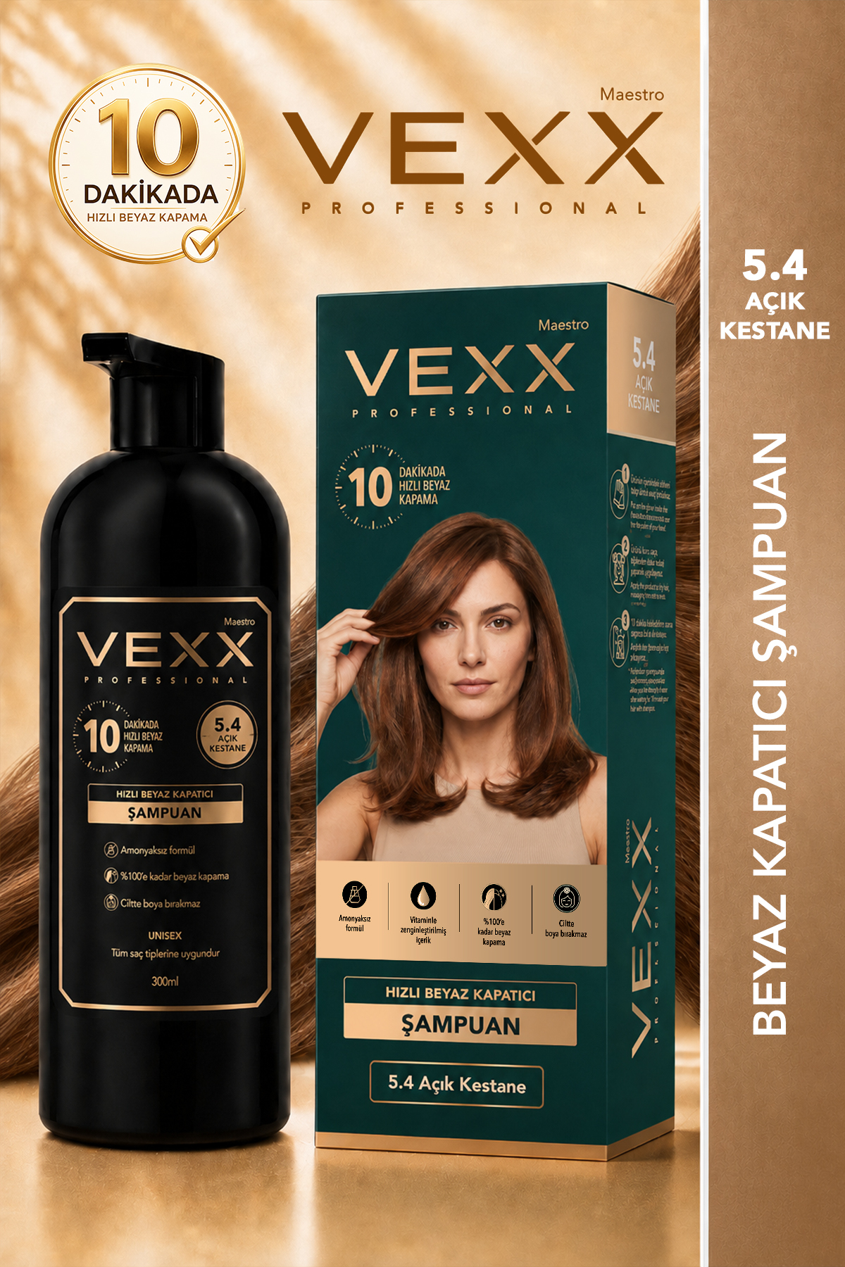 vexx maestro Vexx Professional Beyaz Kapatıcı Pratik Boya Şampuan (Açık Kestane 5.4) Amonyaksız Formül 300 ml. — قهوه‌ای vexx34