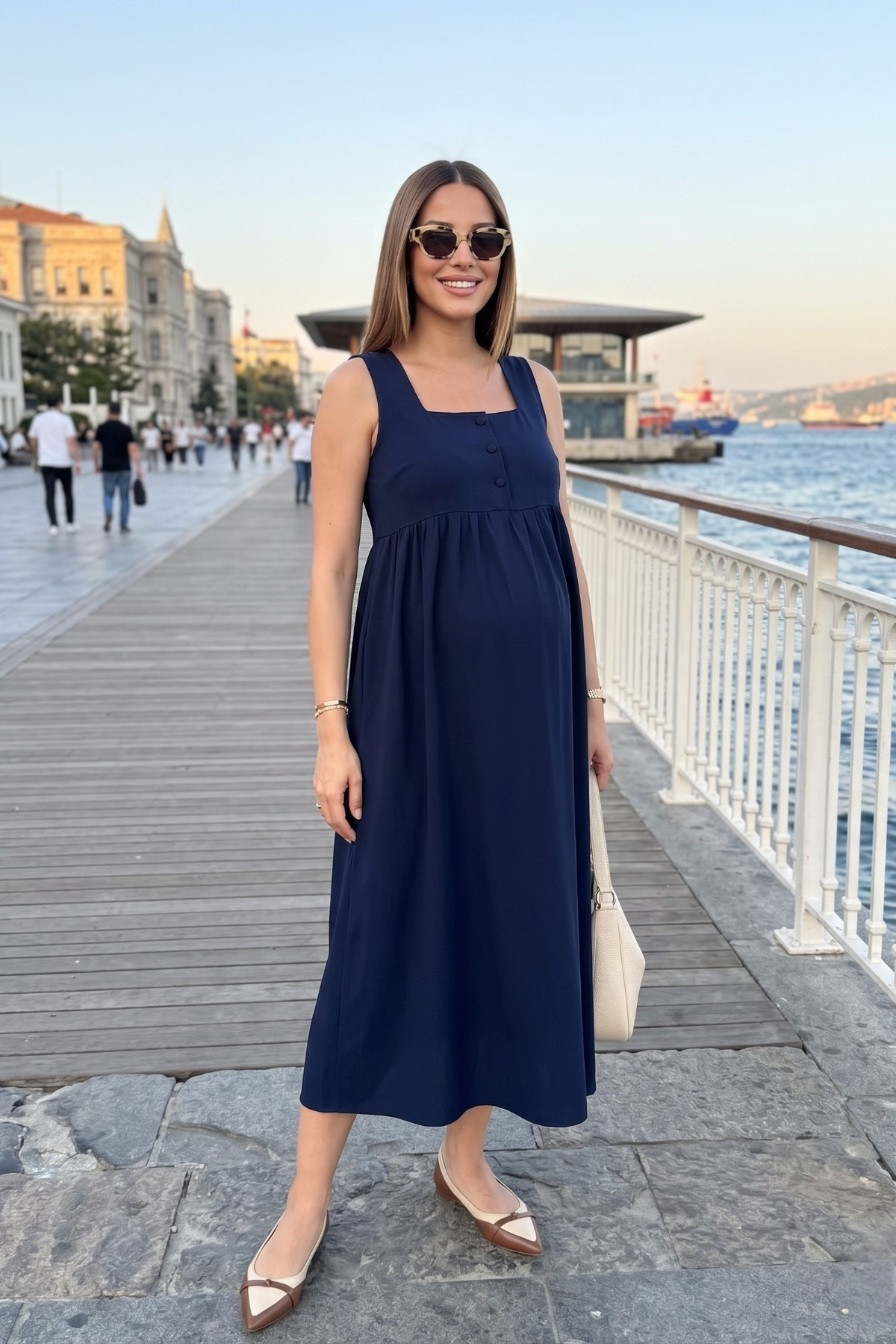 Miss Dünya Lissa  Kare Yaka Düğmeli Sıfır Kol Hamile ve Lohusa Dokuma Elbise