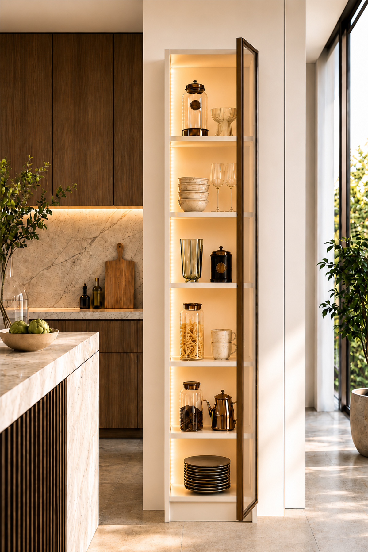 Dolce Tek Kapaklı Erzak Dolabı Led Işıklı Kiler Dolabı Temperli Camlı Çok Amaçlı Dolap Kitaplık 208 görsel 3