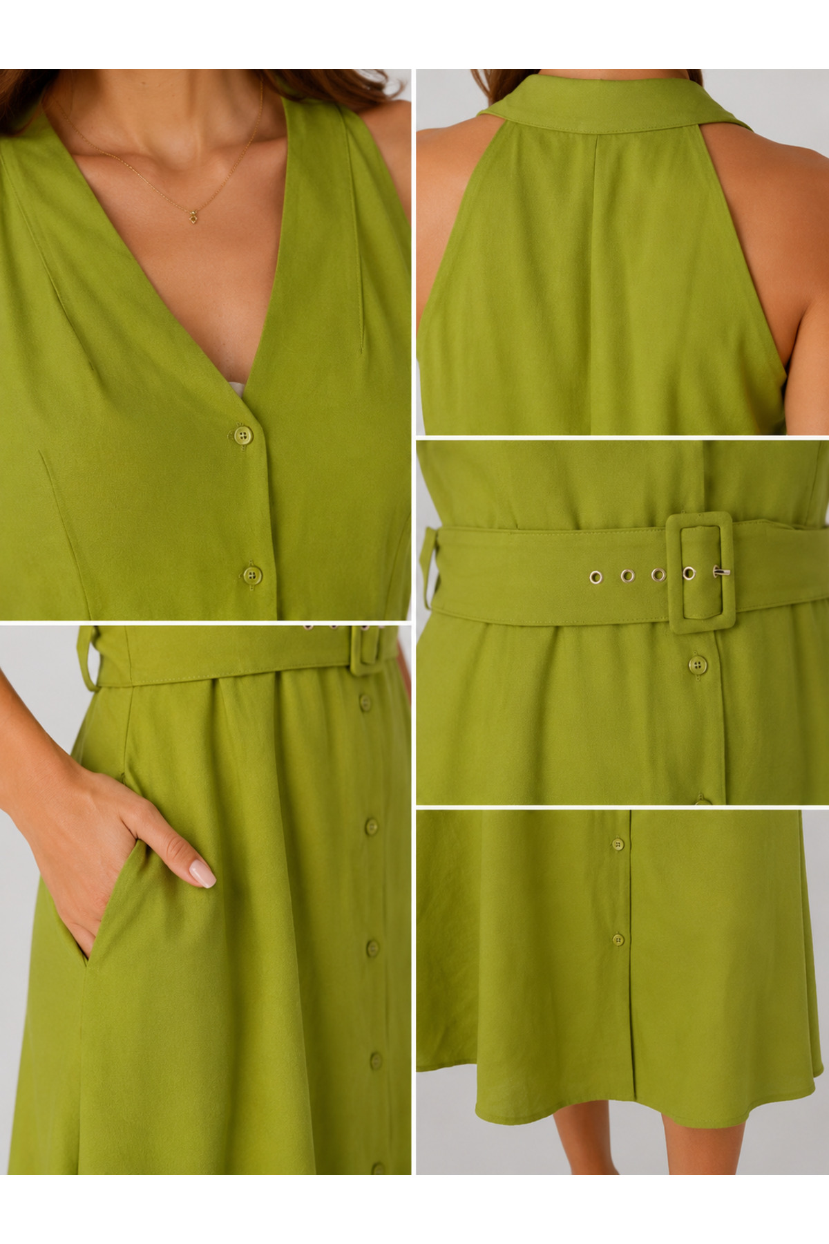 GLENDA Yeşil Kemerli Midi Dokuma Gömlek Elbise görsel 4