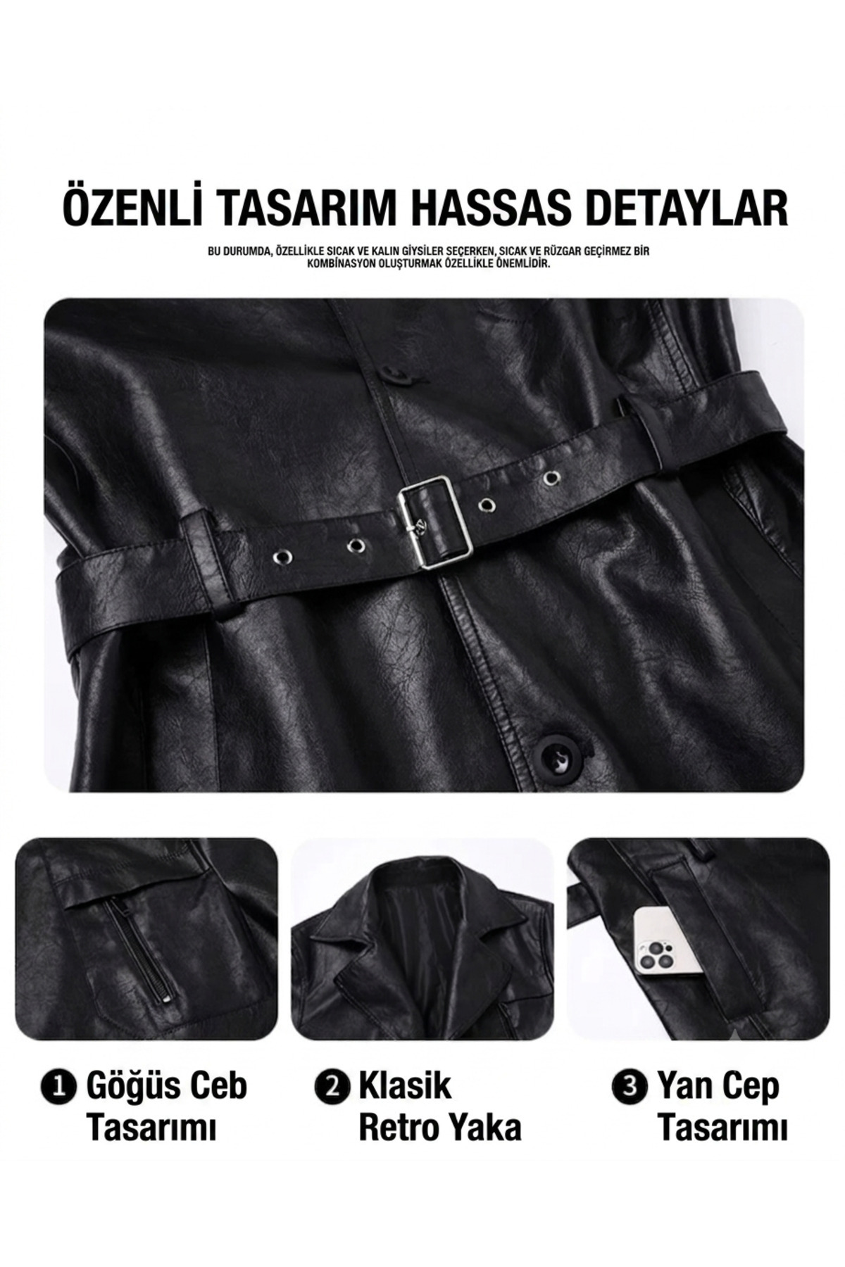 Arpag Global Siyah Suni Deri Ceket Retro Tarz Su Geçirmez XL,XXL Beden görsel 5