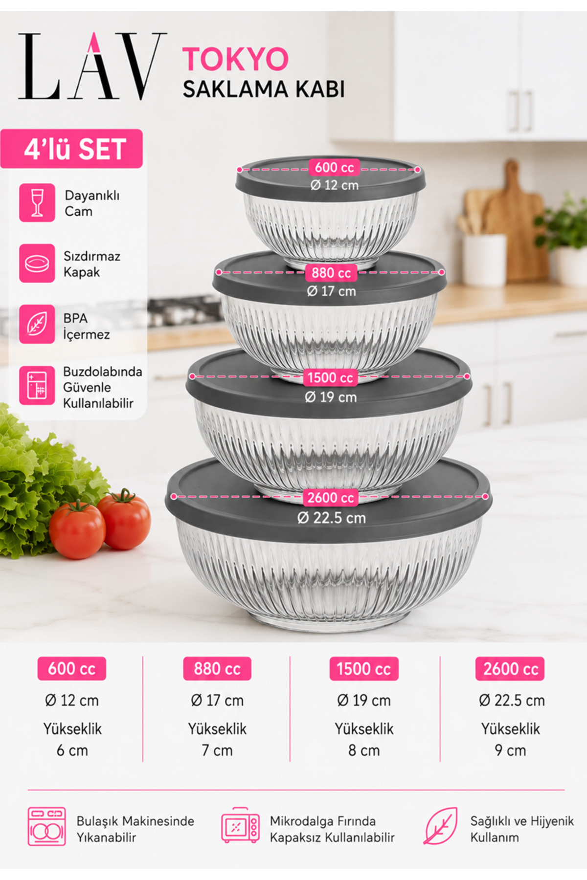 LAV Tokyo Cam Saklama Kabı 4'lü Set 600/880/1500/2600 cc Gri