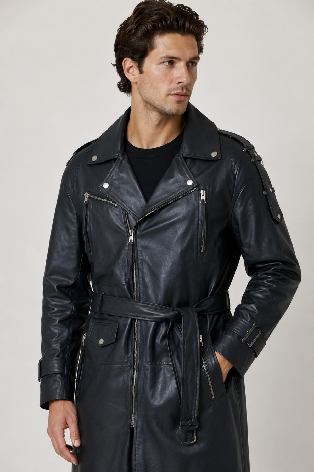 MİRENA LEATHER Erkek Lacivert Hakiki Deri Trençkot görsel 2