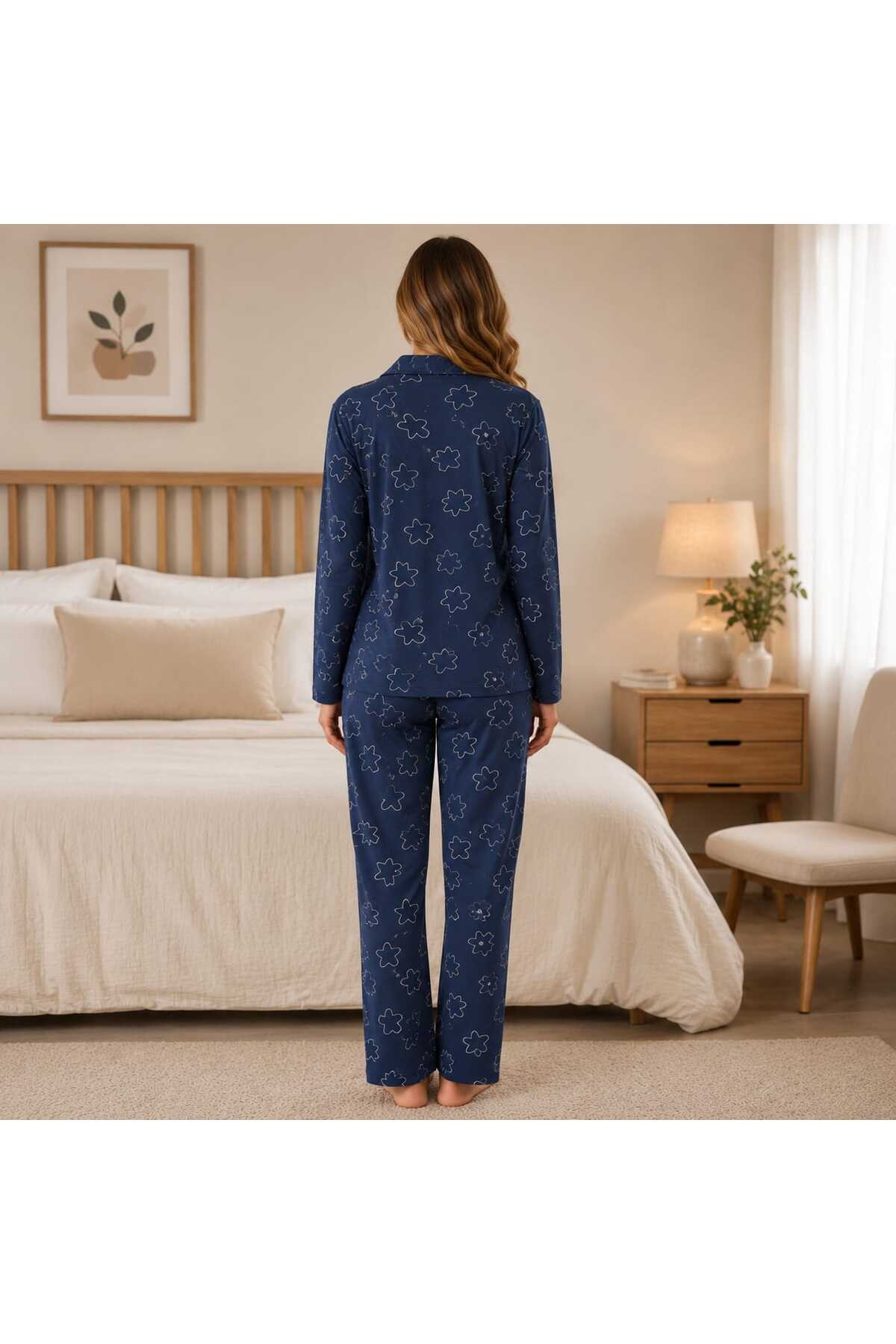 pijamacity Kadın Beş Düğmeli Pijama Takımı Yıldız Desen görsel 2