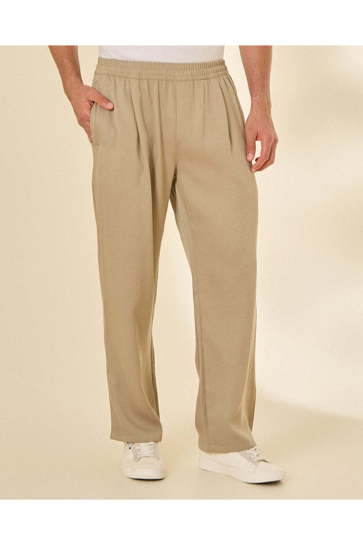 REDTAG Men Beige Relaxed Fit Viscose Pull-On Trousers