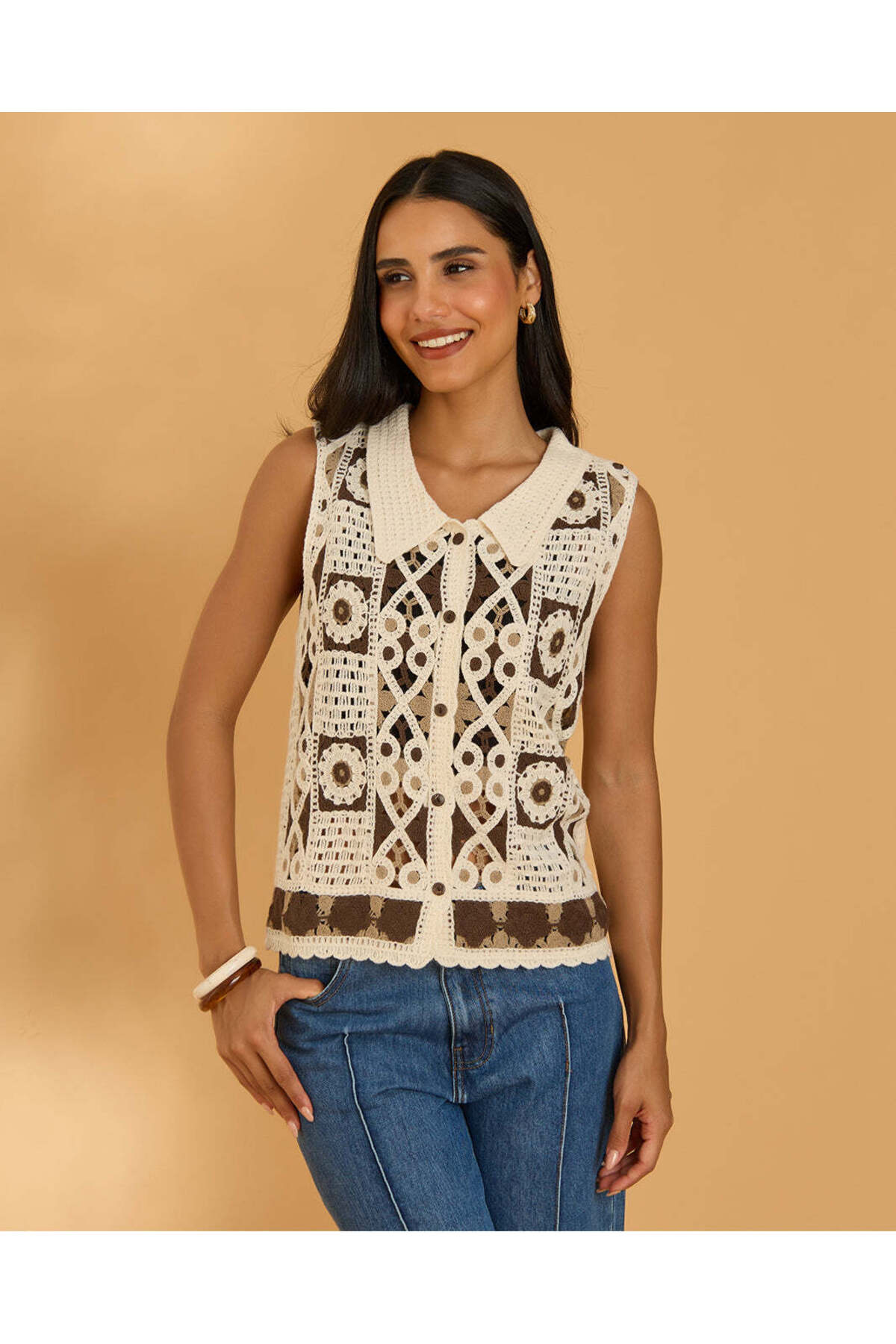 REDTAG Women Ivory And Brown Crochet Top
