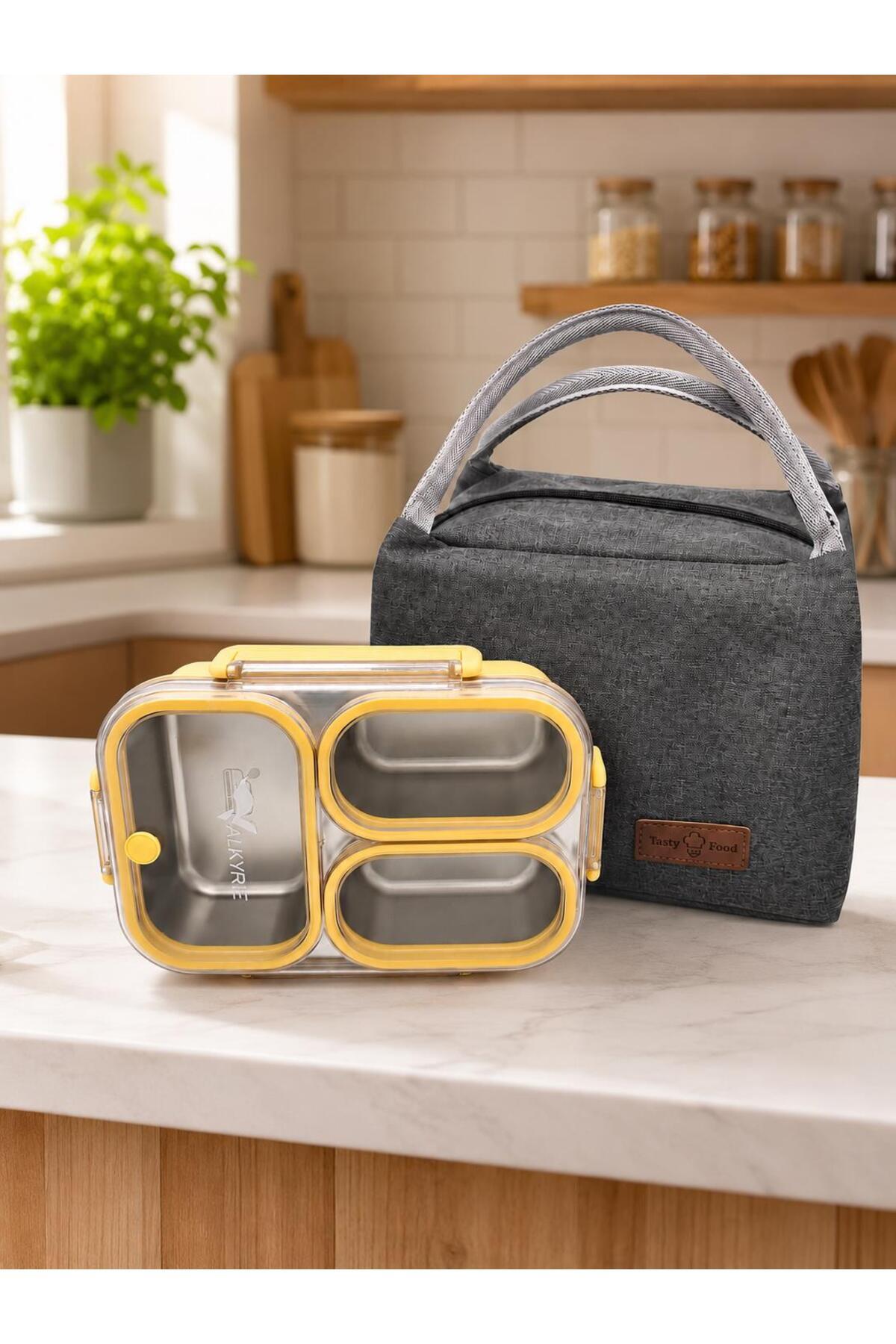 valkyrie 304 Paslanmaz Çelik 3 Bölmeli Sarı Lunch Box Termal