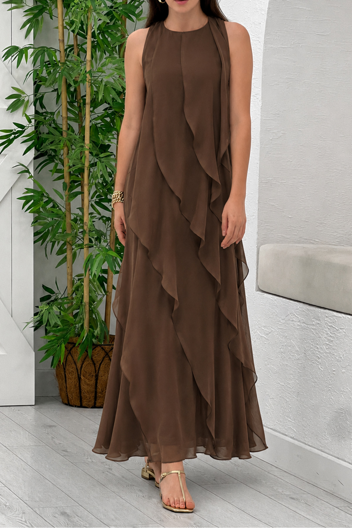 Suziş Brown Front Ruffled Sleeveless Long Dress 3450