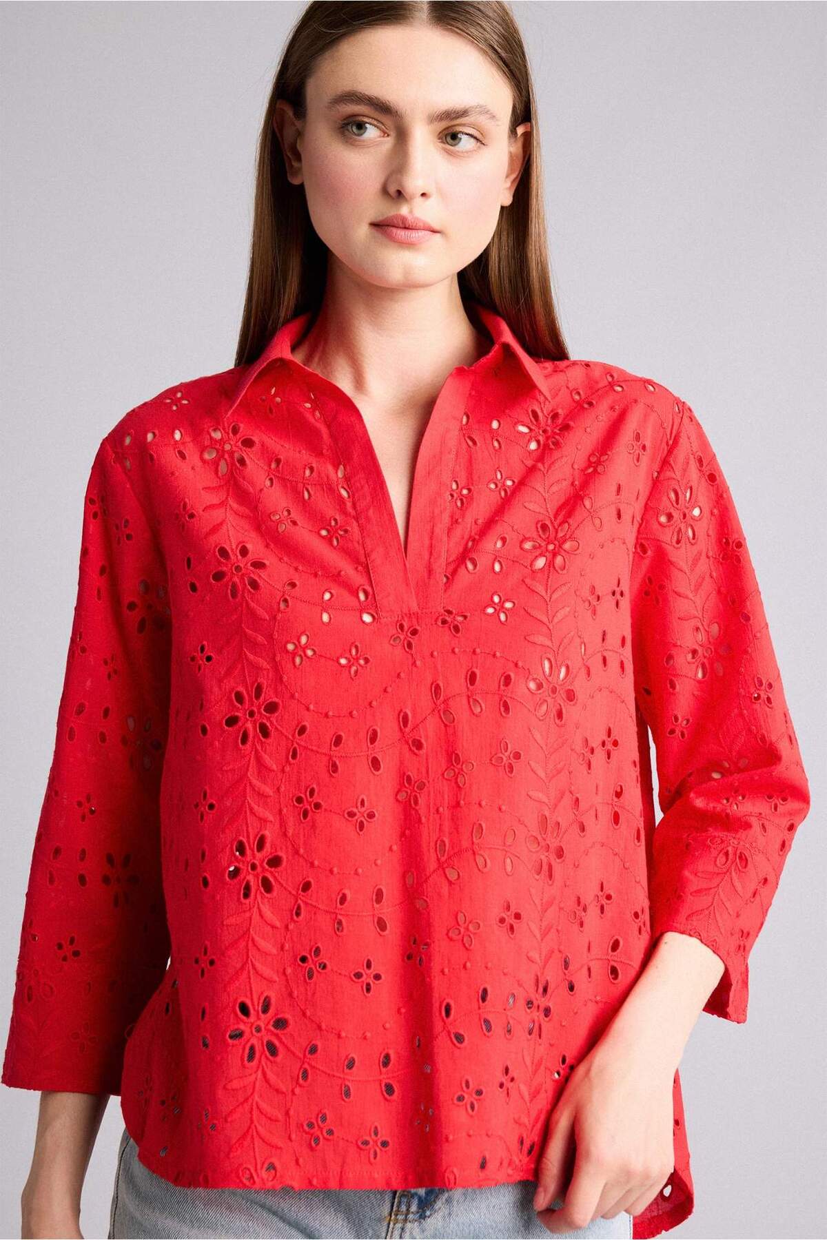 100% Cotton Oversize Shirt Collar Brode Long Sleeve Red Blouse G8828AX26SM