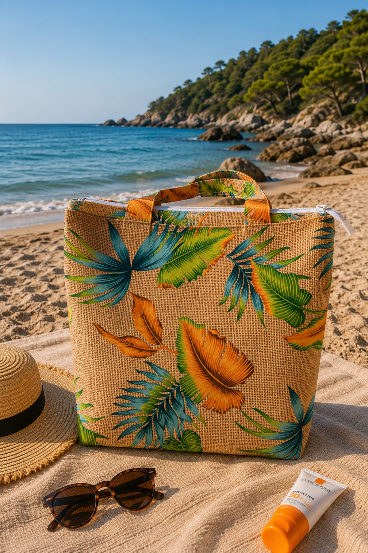 MIORA BAG Tropikal Desenli Fermuarlı Büyük Plaj Çantası, Geniş Hacimli Günlük, Tatil ve Plaj Omuz Çantası görsel 2
