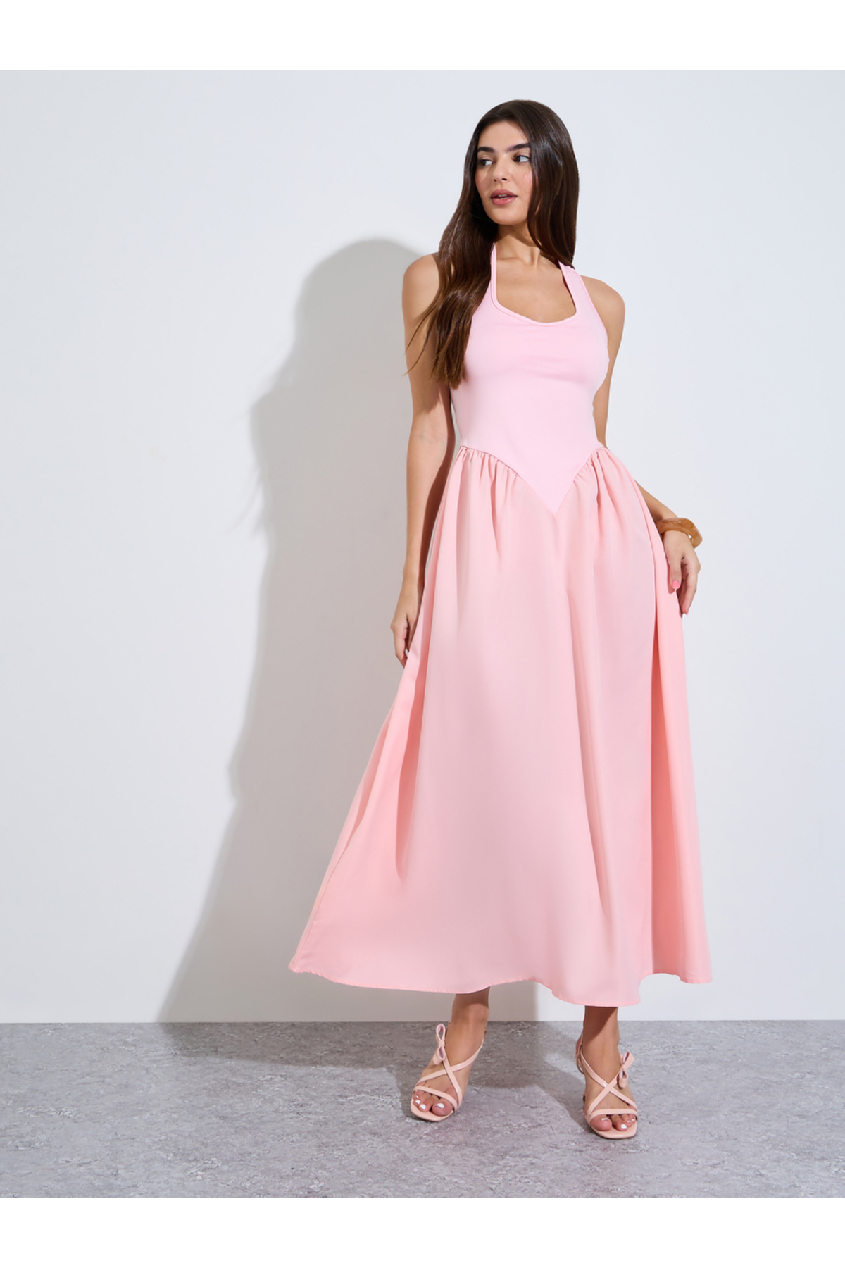Styli Pink Halter Neck A-Line Maxi Dress