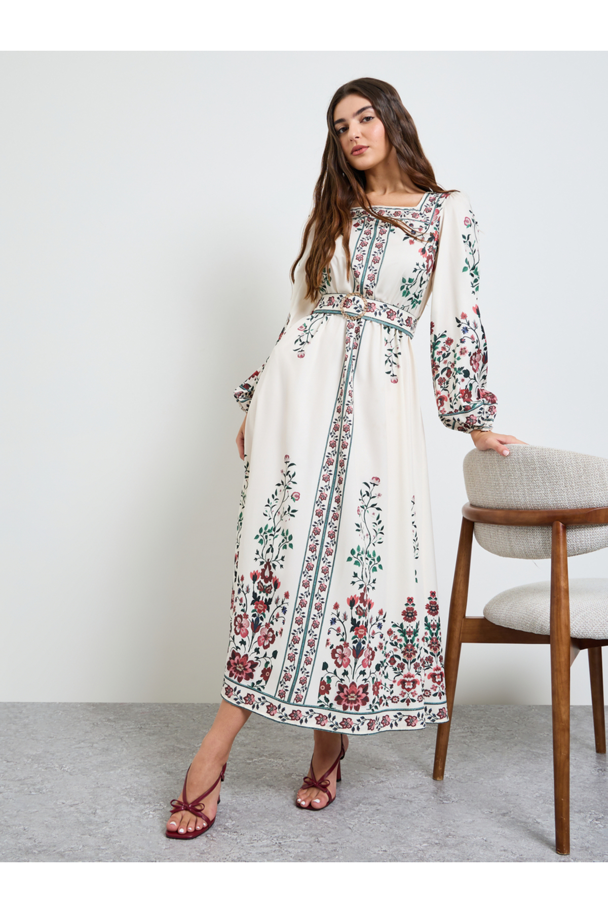 Styli Off White Floral Square Neck A-Line Maxi Dress