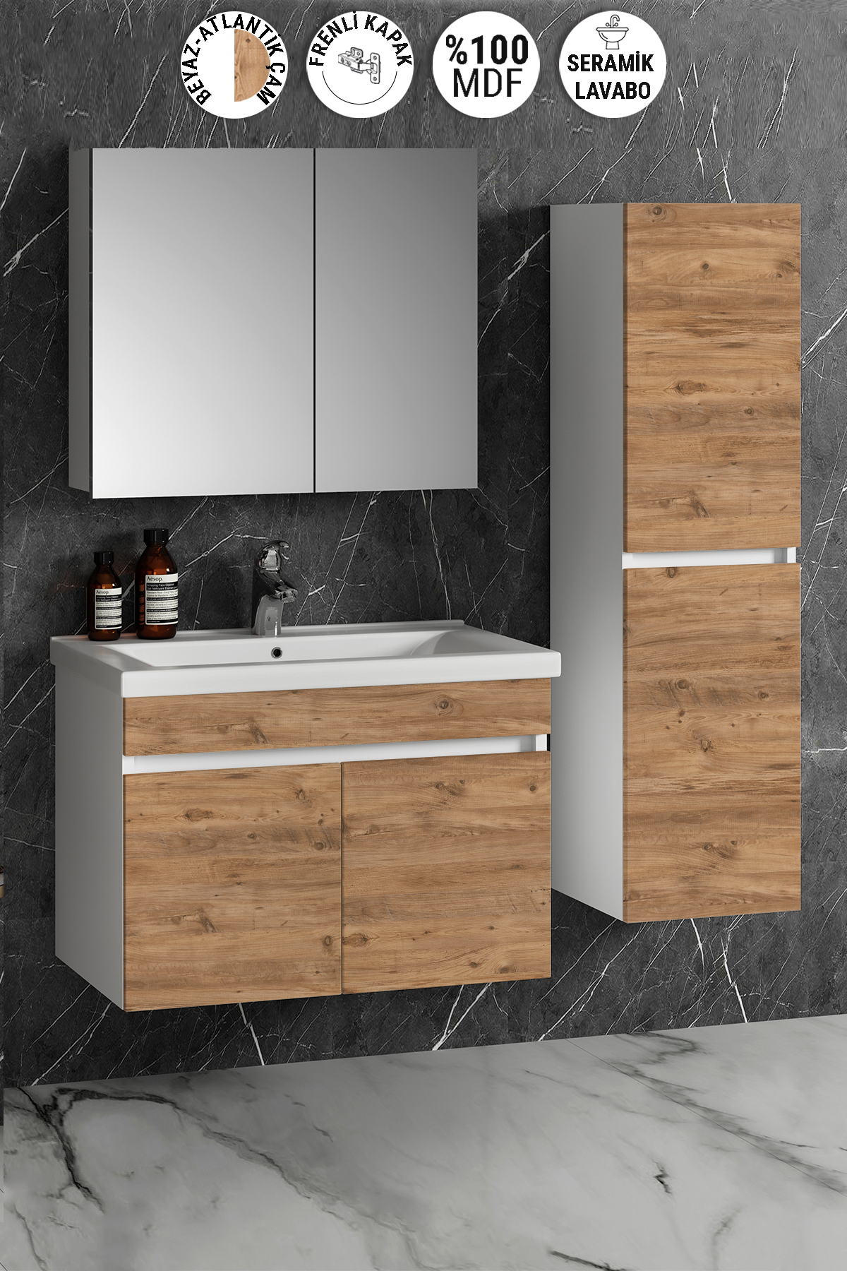 Çiğdem 80+35 cm Beyaz-Atlantik Çam MDF Seramik Lavabolu Asma Banyo Dolabı Takımı