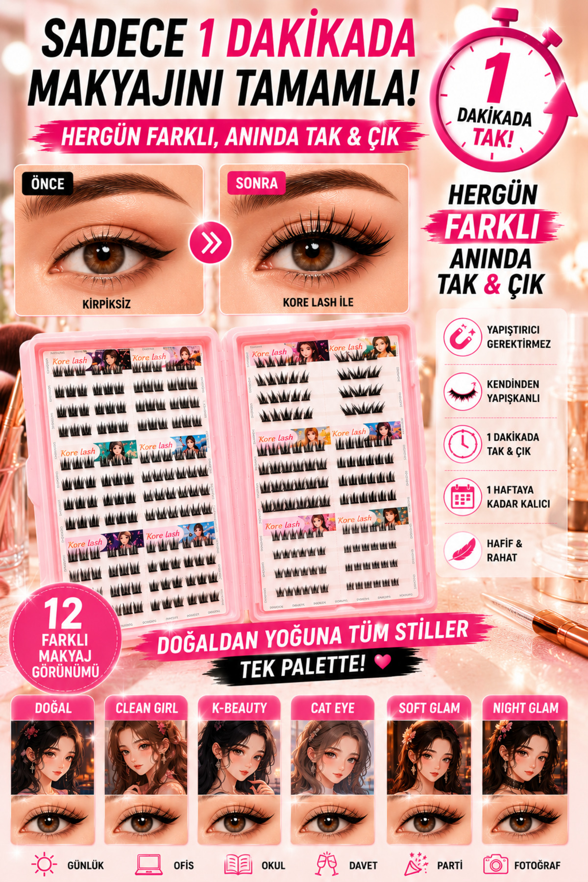 Kore Tarzı Kendinden Yapışkanlı Takma Kirpik Paleti | 12 Farklı Makyaj Tamamlama Stili | Yapıştırıcı Gerektirmez | 1 Haftaya Kadar Kalıcı — FRANCANIME12 — تصویر 7 از 9