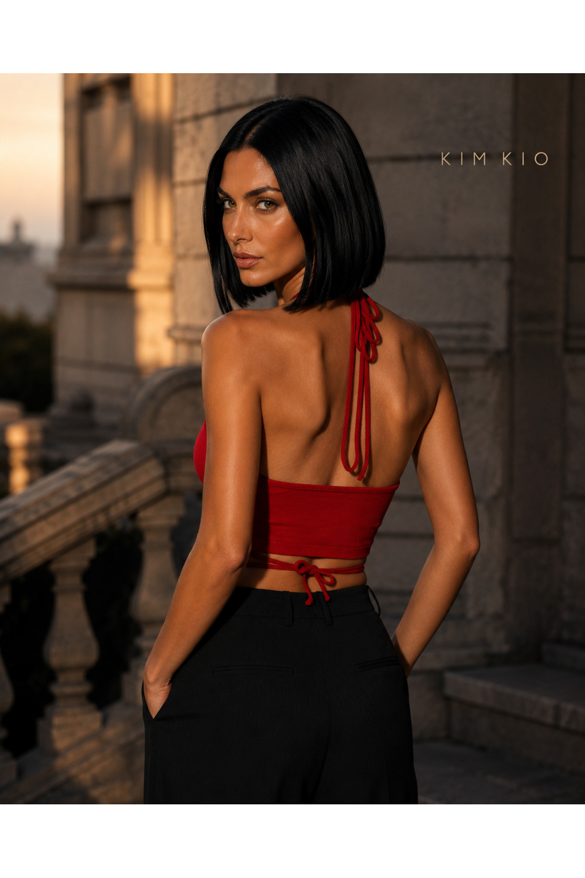 KİM Kİ O Kadın Halter Yaka Ön Halkalı Bağlamalı Kaşkorse Crop Top
