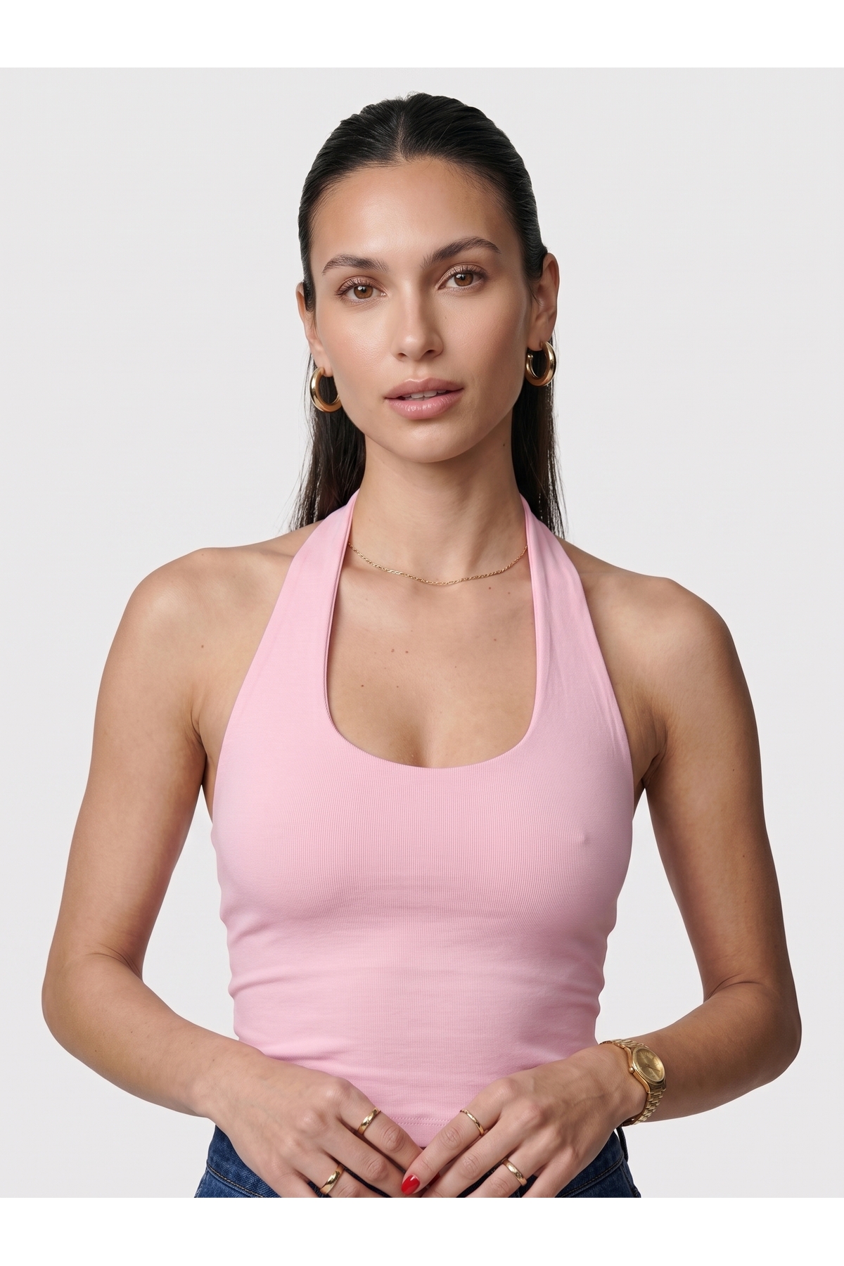 Kadın Halter Yaka Dar Kalıp Sırt Dekolteli Slim Fit Basic Body - Pembe 2