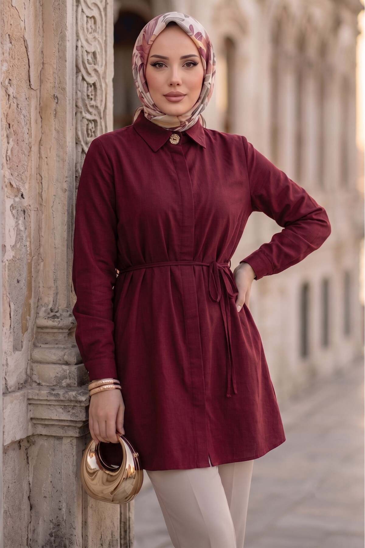 hafsamina Bağlamalı Cepli Tunik Bordo HM2911 görsel 2