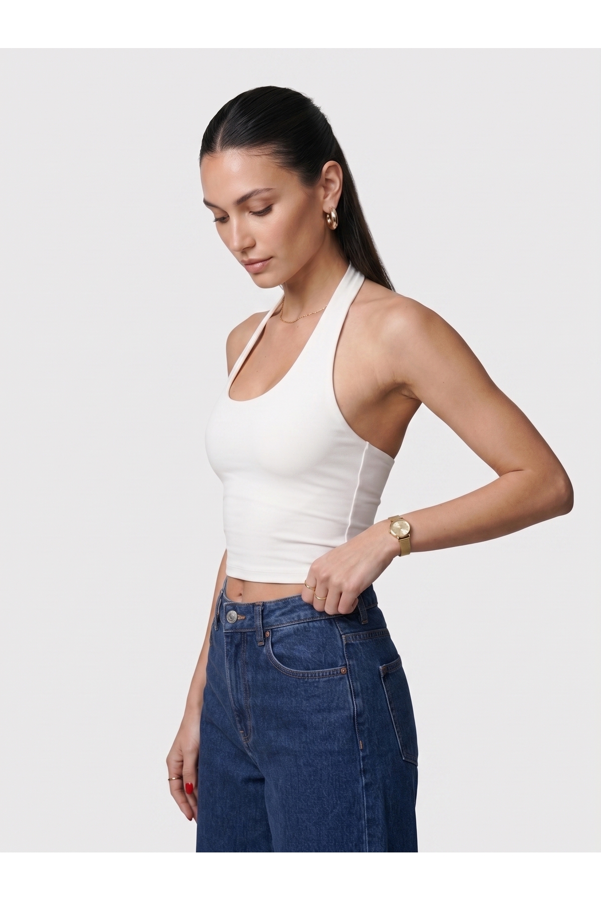 Kadın Halter Yaka Dar Kalıp Sırt Dekolteli Slim Fit Basic Body - Beyaz 3