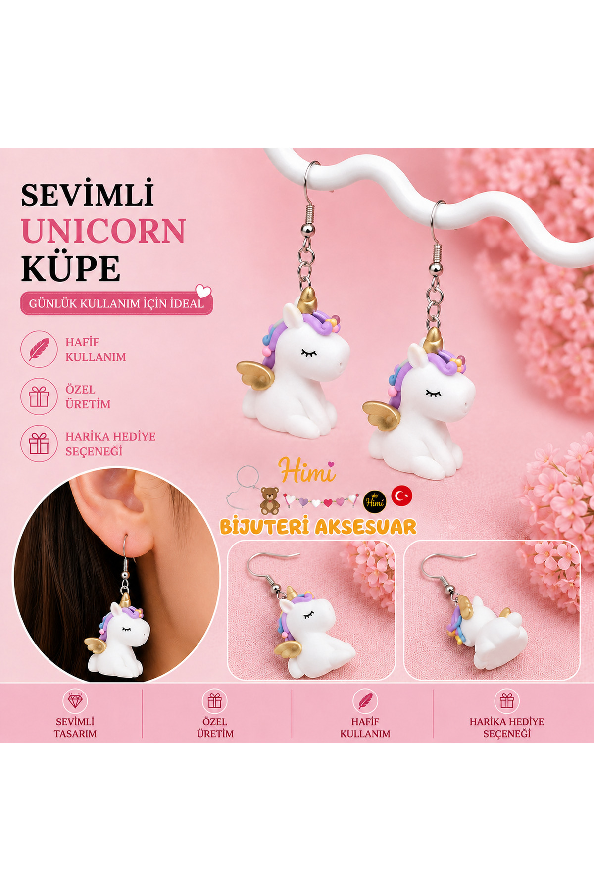 Sevimli Unicorn Hayvan Figürlü Sallantılı Küpe Hafif Tasarım Günlük Kullanım Bijuteri Çocuk Küpesi