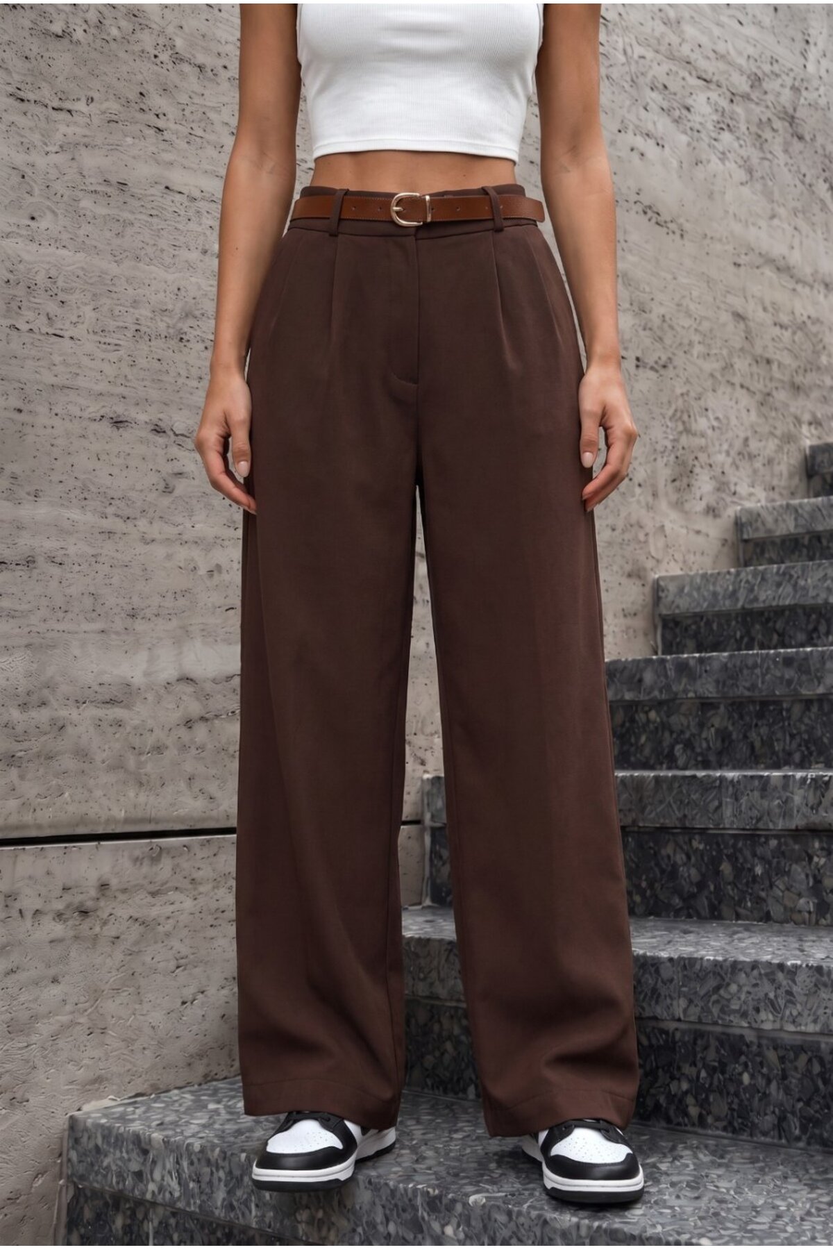 Kadın Kemerli Oversize Salaş Beli Lastikli Palazzo Pantolon KAHVE 6