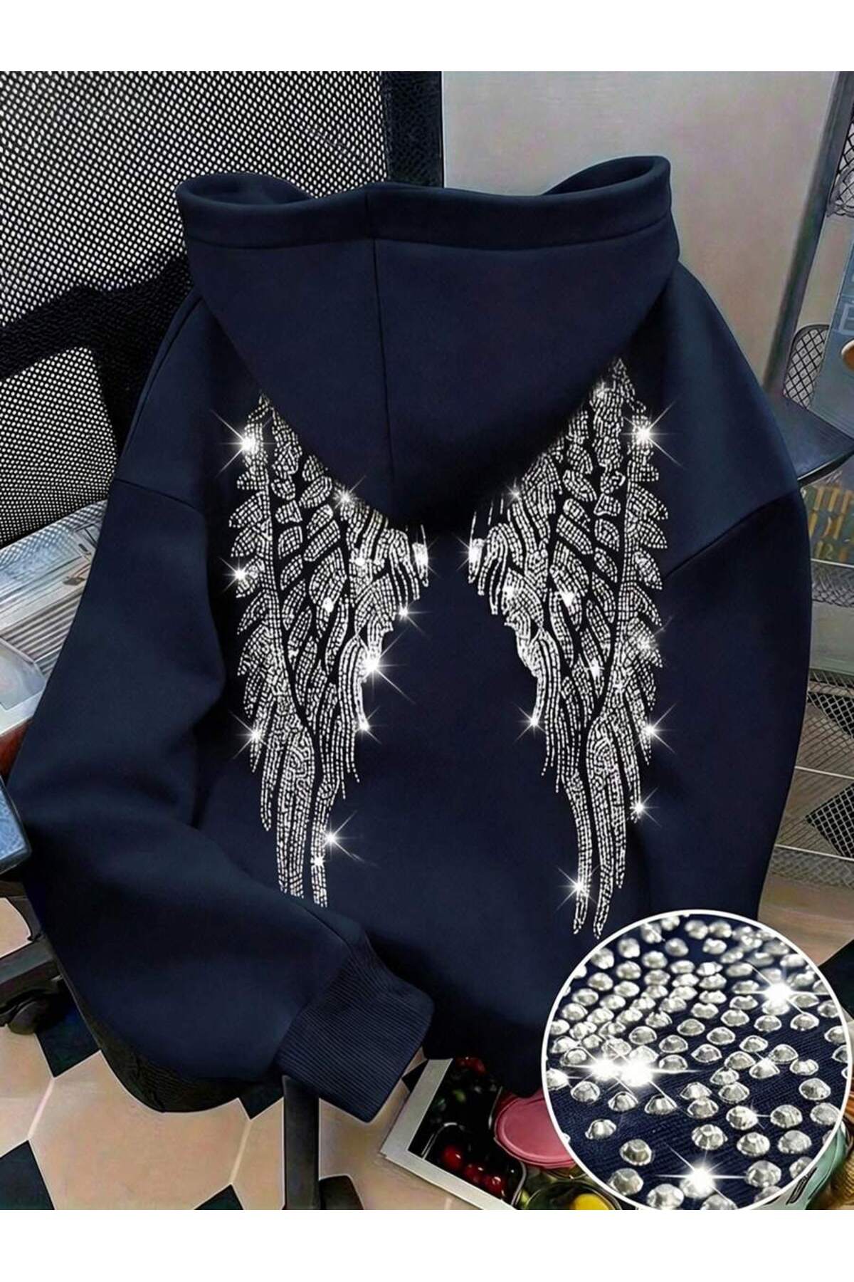 MOONBULL Kadın Sırtı Kanat Taş Baskılı 3 İplik Şardonlu Kumaş Kapüşonlu Oversize Sweatshirt
