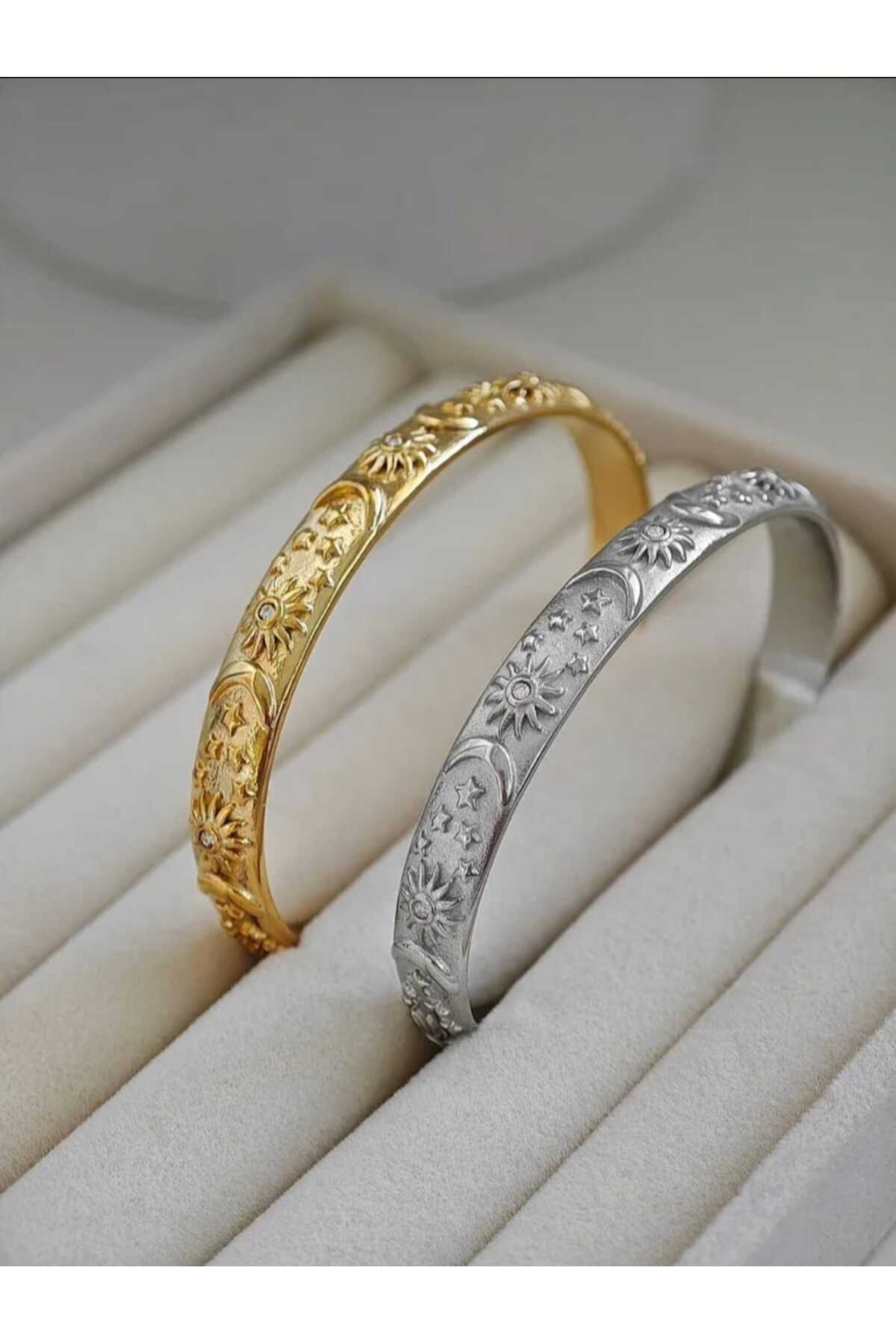 Umrece 2'li Set Gold-Silver Güneş Yıldız Hilal Model Zirkon Taşlı Bileklik (Ayarlanabilir) görsel 3