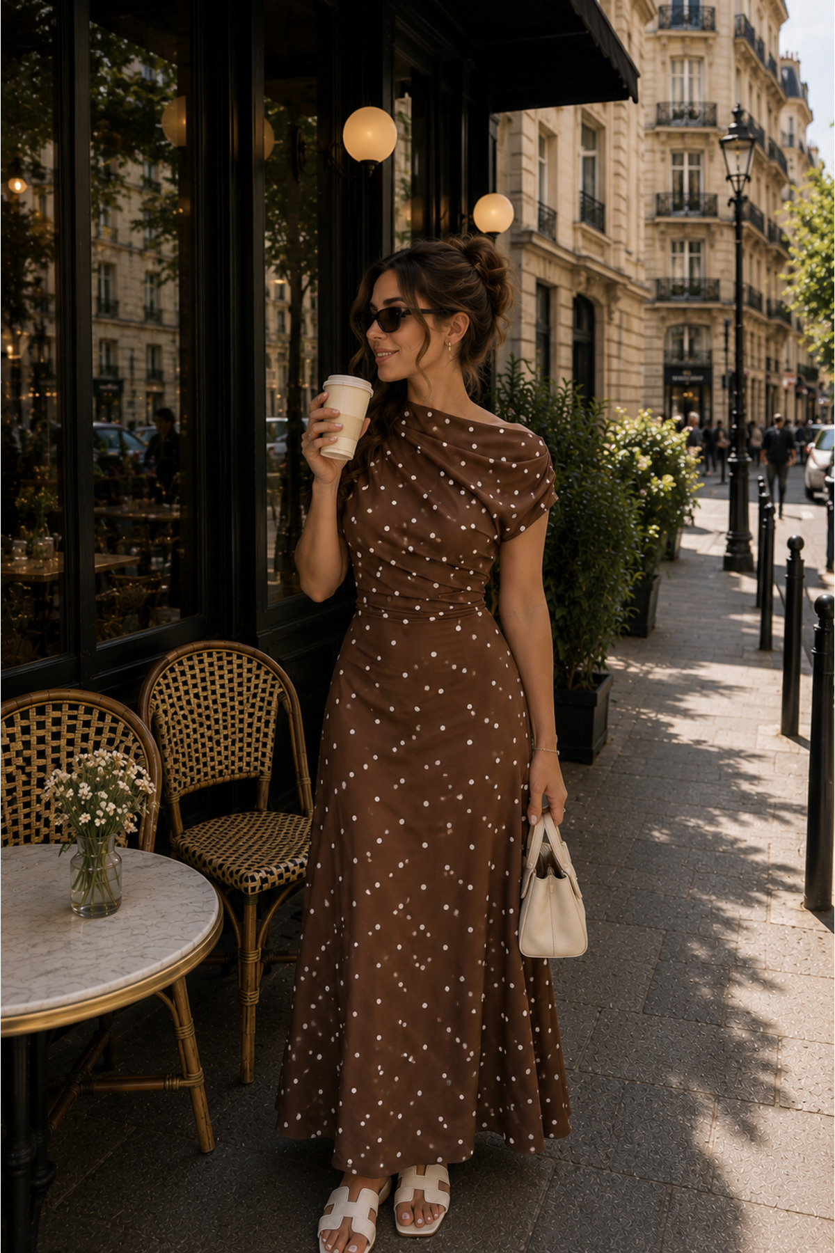Generic Brands Women's Polka Dot Patterned Boat Neck Draped Dress