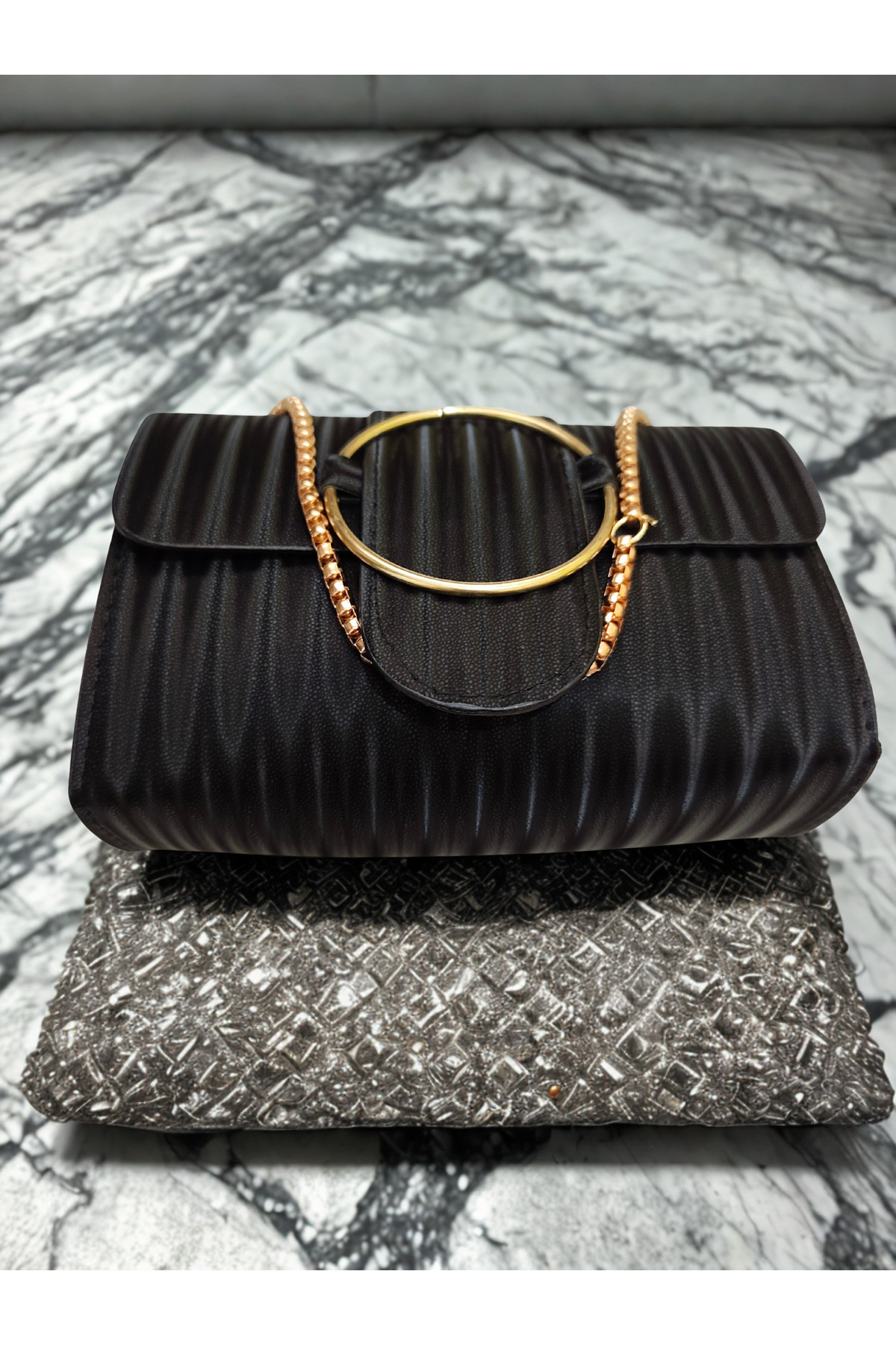 Genel Markalar Zerafet Store Kadın Siyah Pileli Gece Çantası - Altın Halkalı Zincirli Abiye Portföy Clutch