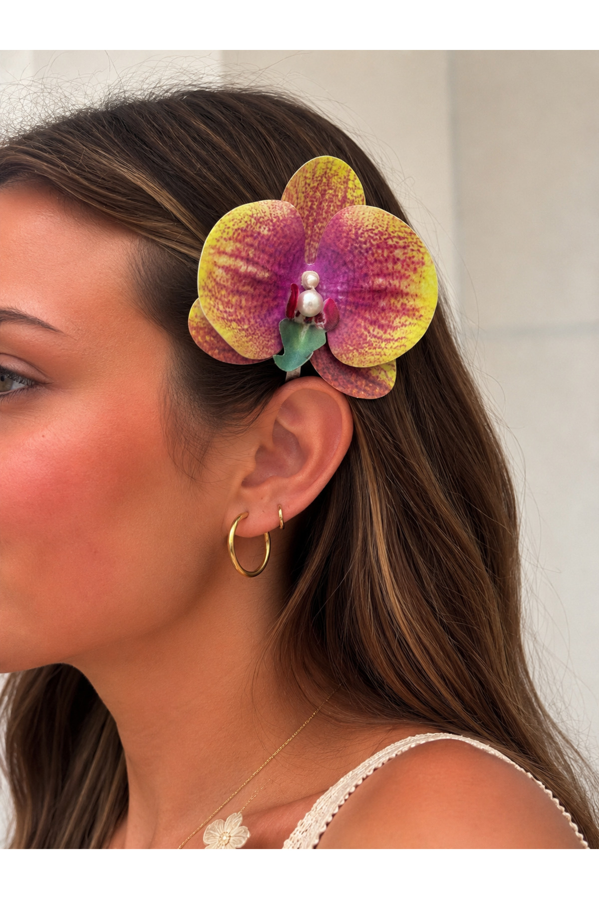 Premium Quality Pearl Orchid Flower Side Clamp Buckle Oversized Women's Aloha Hairpin