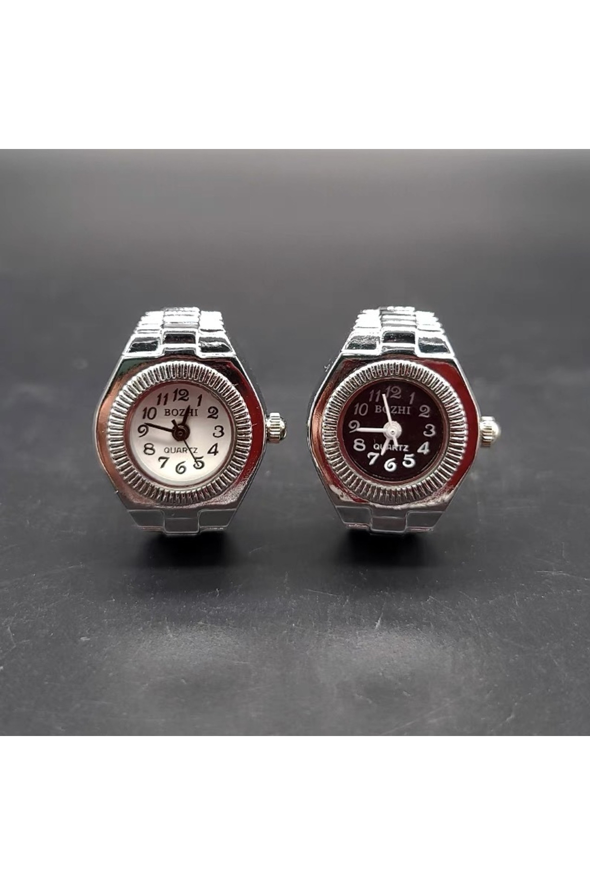 Bozhi Mini Parmak Yüzük Saat, Kuvars Analog Metal Kordon Unisex (Siyah & Beyaz Kadran) görsel 8