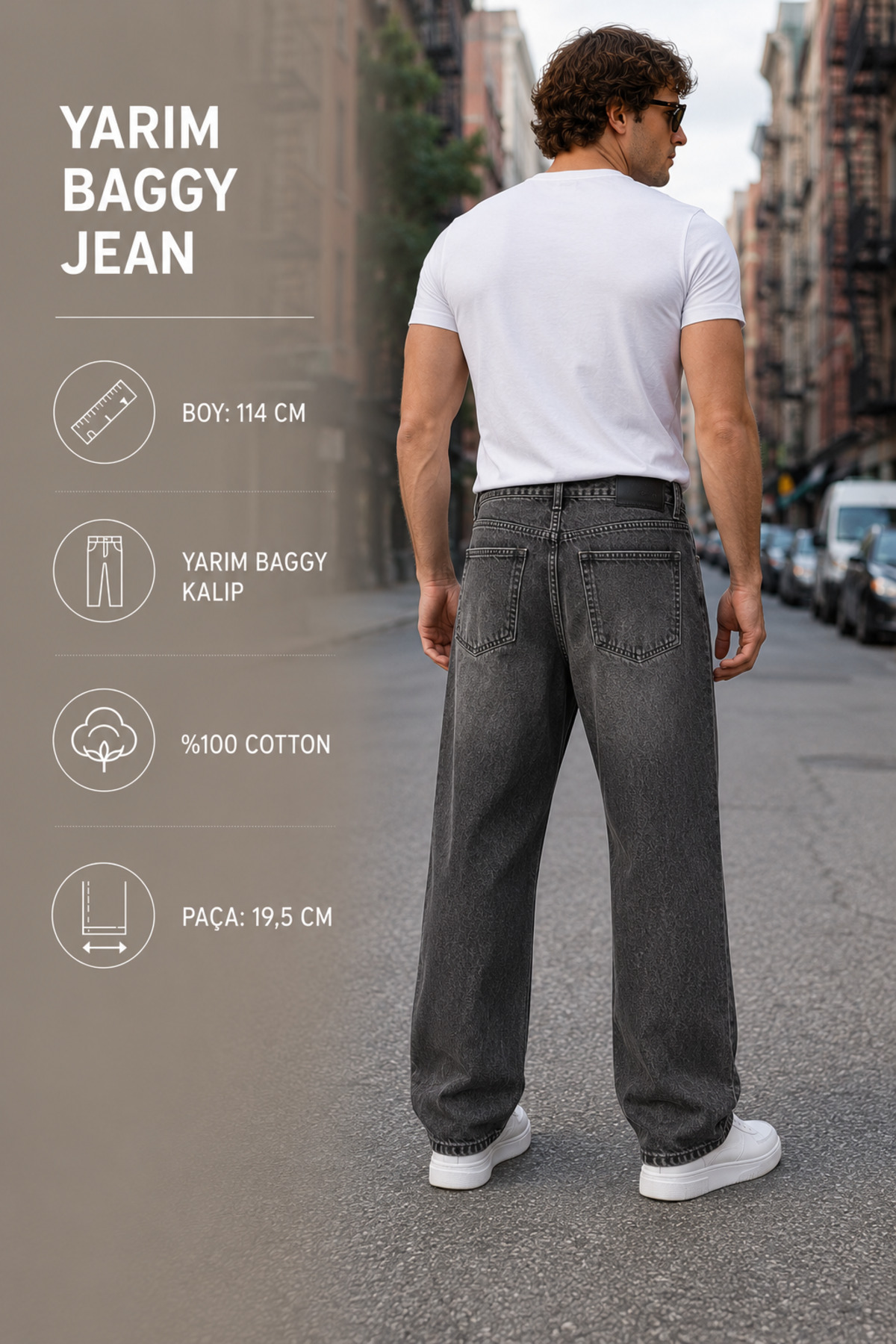 fashionistanbul Erkek Antresit Siyah Baggy Jean Pantolon Rahat Kalıp Geniş Paça Denim Kot görsel 6